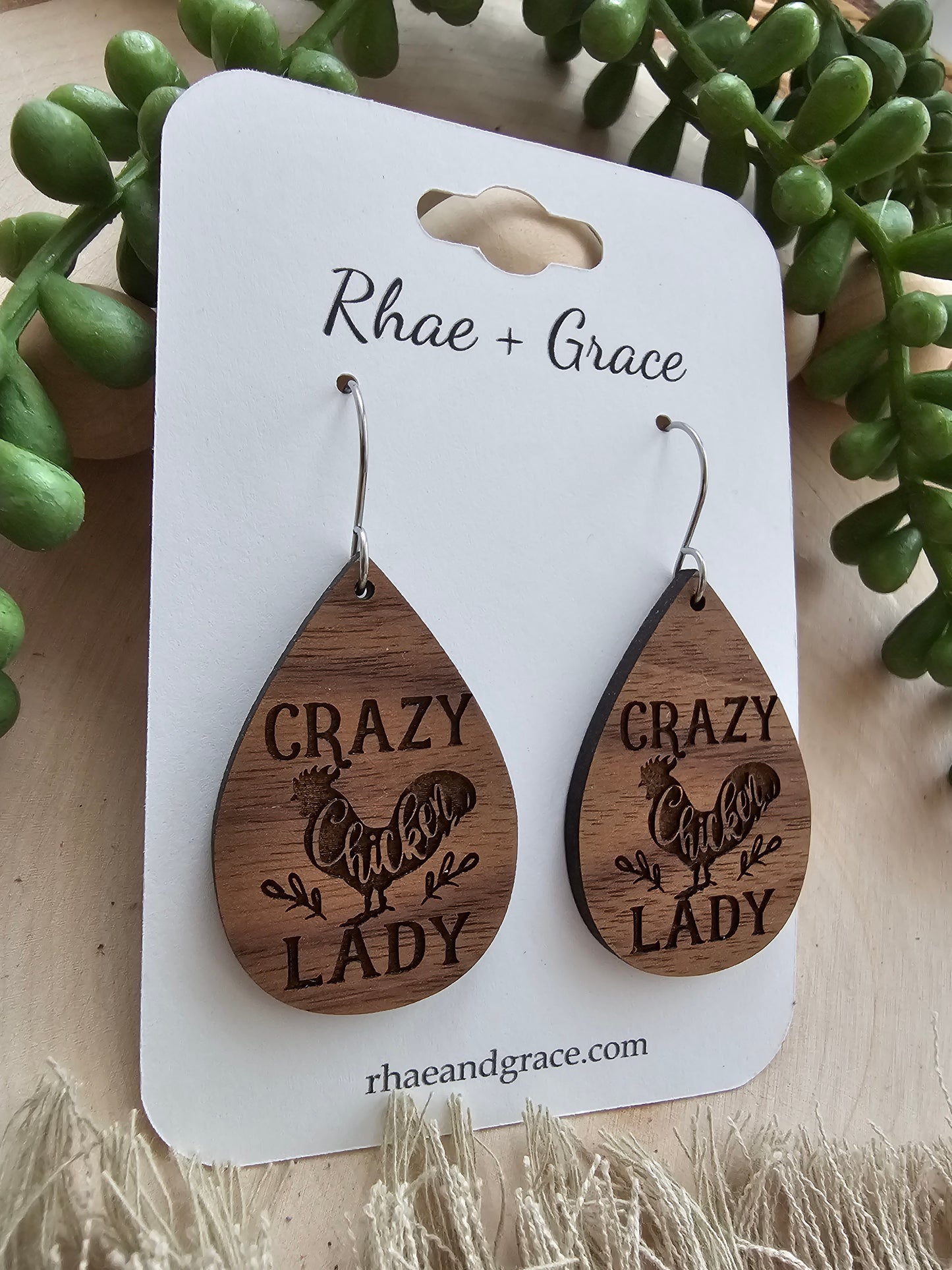 Crazy Chicken Lady Wood Teardrop Earrings