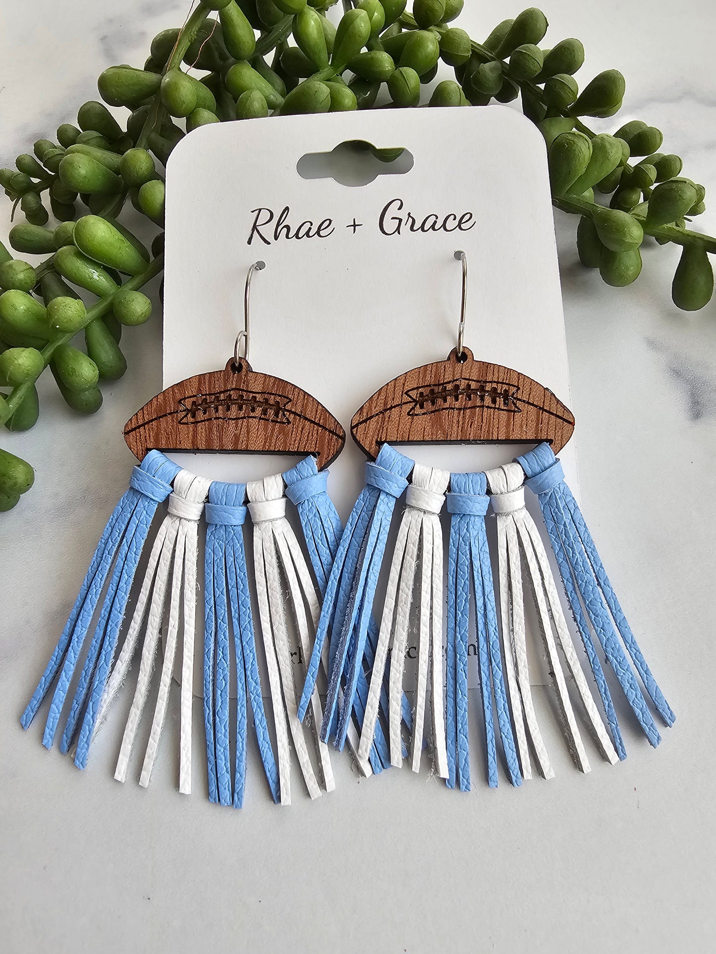 Carolina Blue & White Leather Fringe Football Statement Earrings