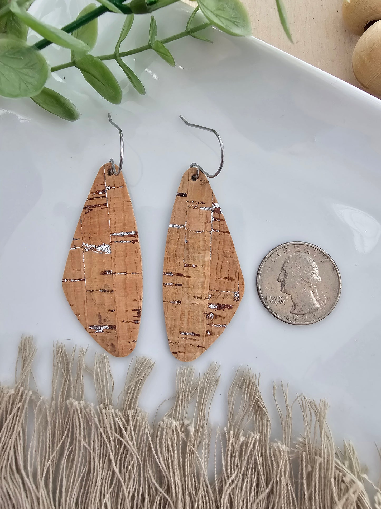 Natural Cork with Silver Flecks Wedge Earrings