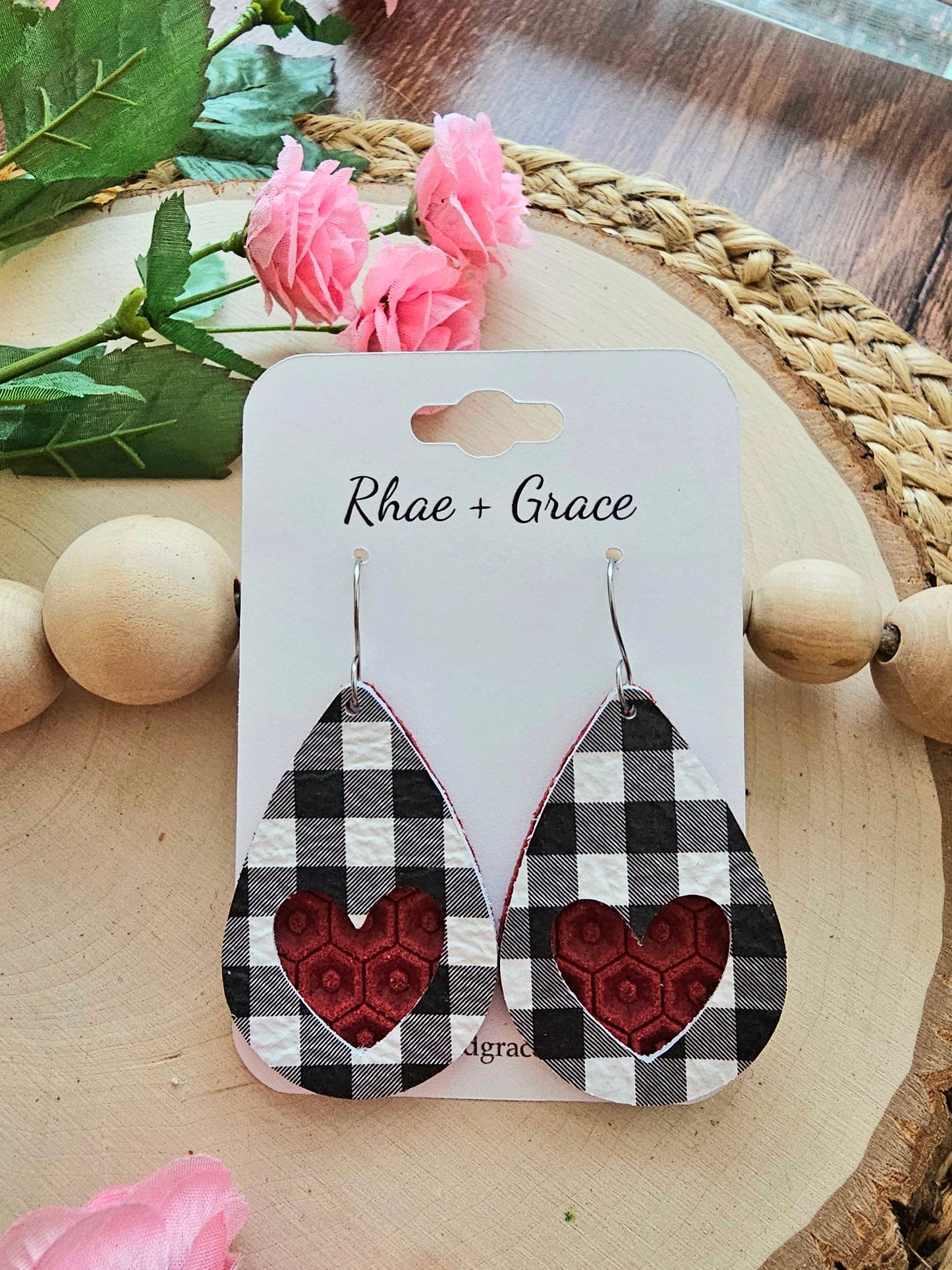 Layered Buffalo Plaid Heart Cutout Teardrop Earrings