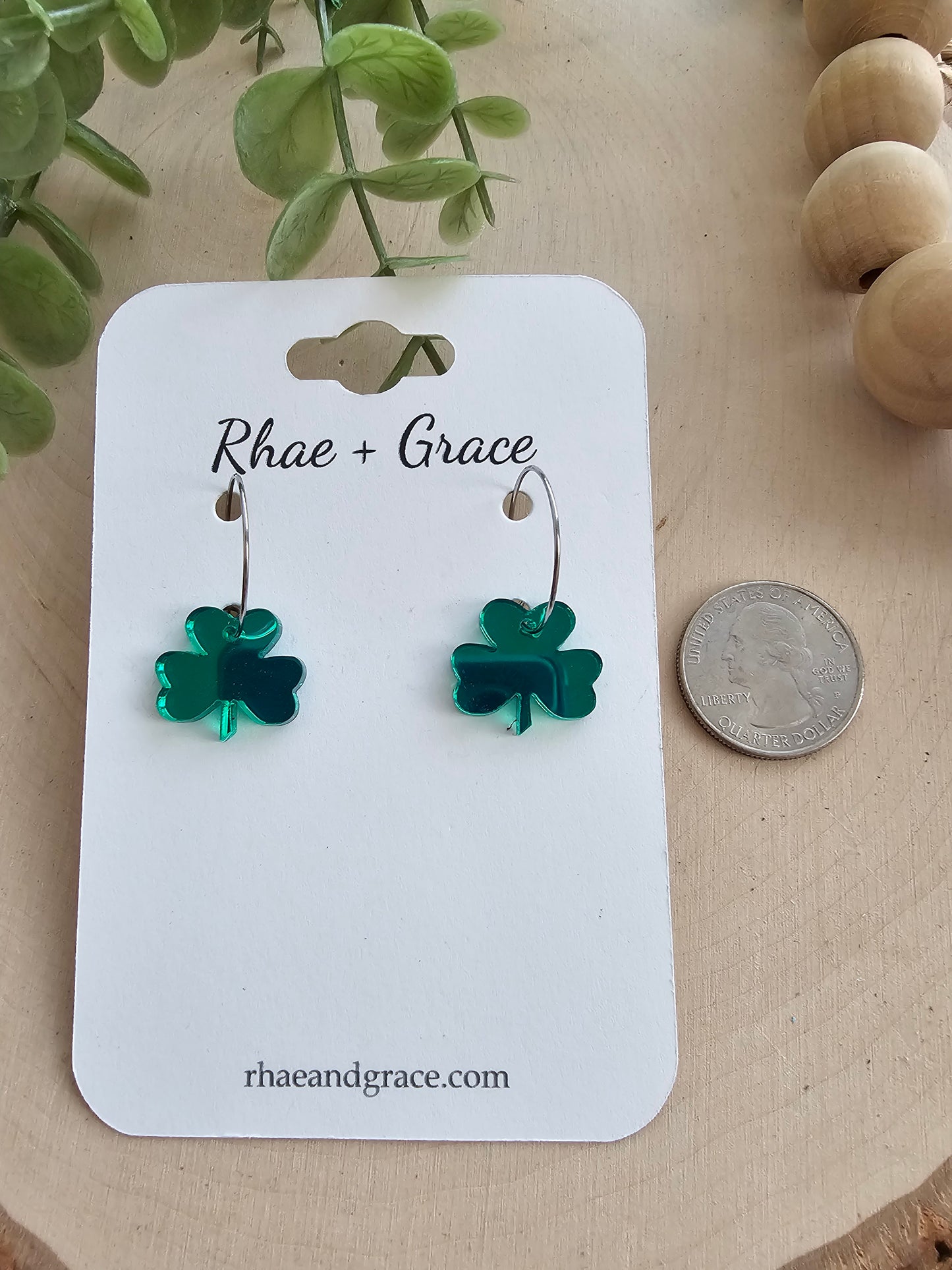 Dainty Mirrored Green Acrylic Shamrock Hoop Earrings