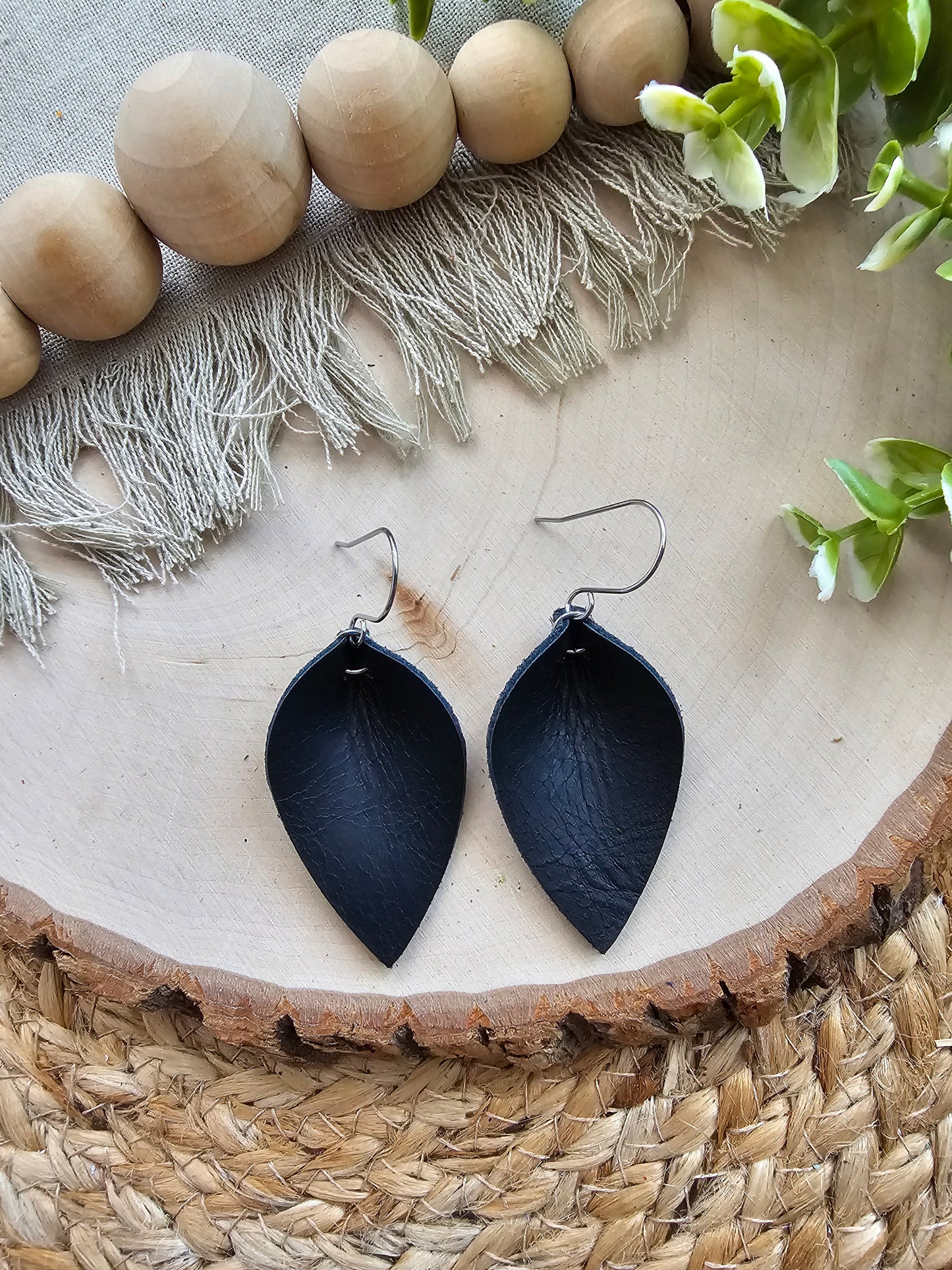 Distressed Matte Black Pinched Petal Earrings - Small (2")