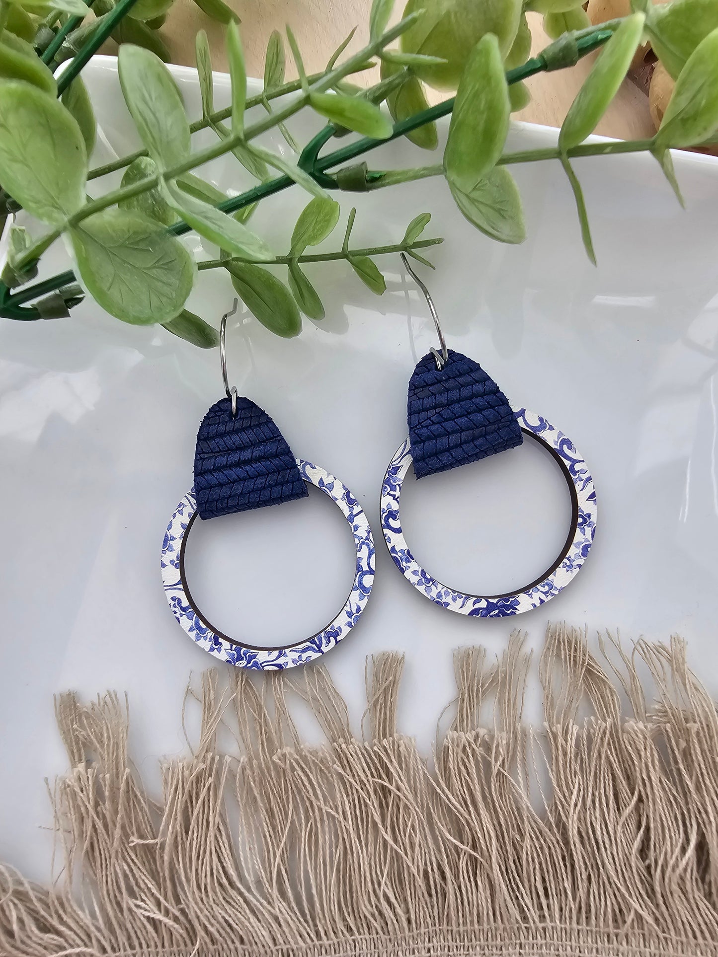 Blue & White China Leather & Wood Single Hoop Earrings