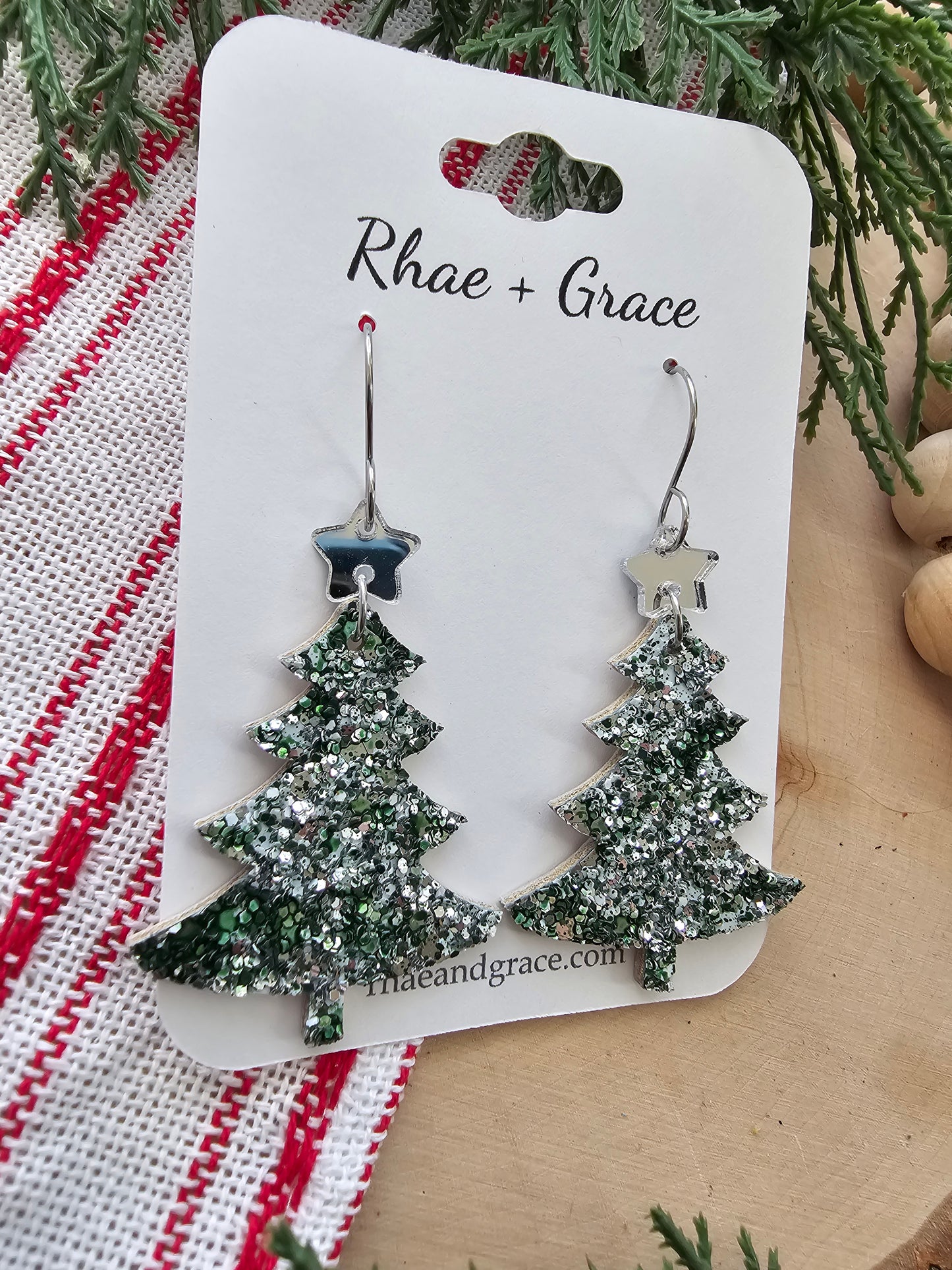 Green & Silver Glitter Christmas Tree Earrings