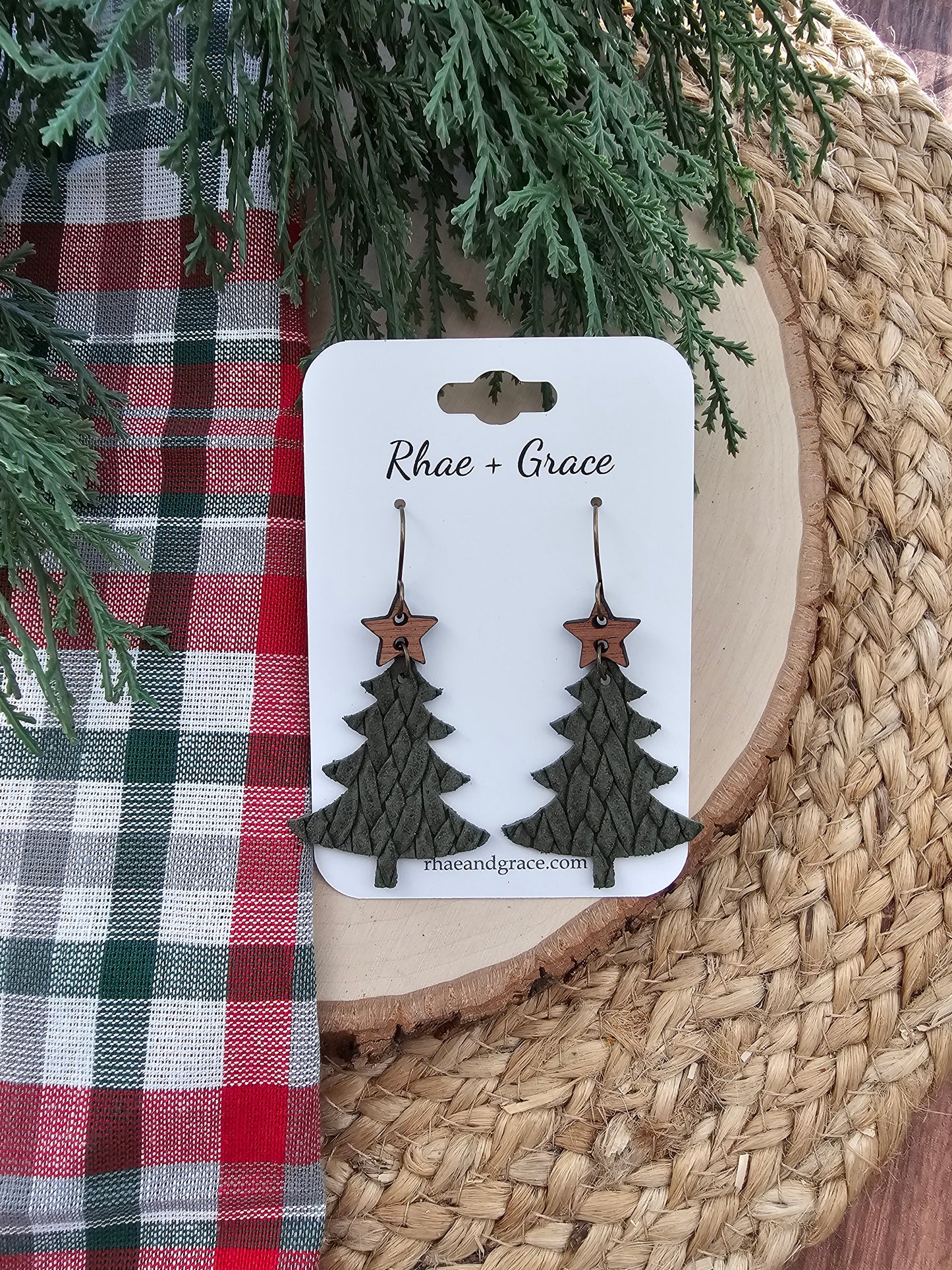 Olive Green Braided Christmas Tree Earrings