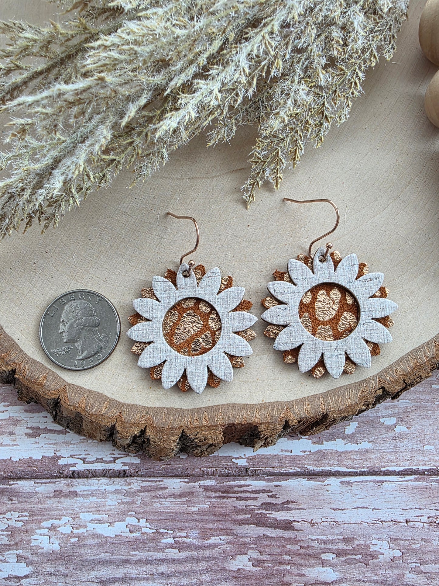 Tan & Rose Gold Sunflower Earrings