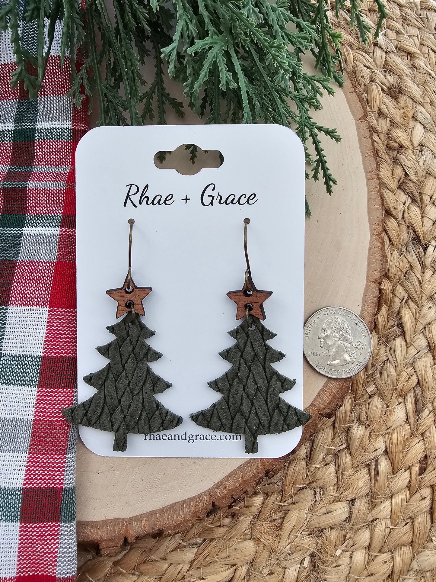 Olive Green Braided Christmas Tree Earrings