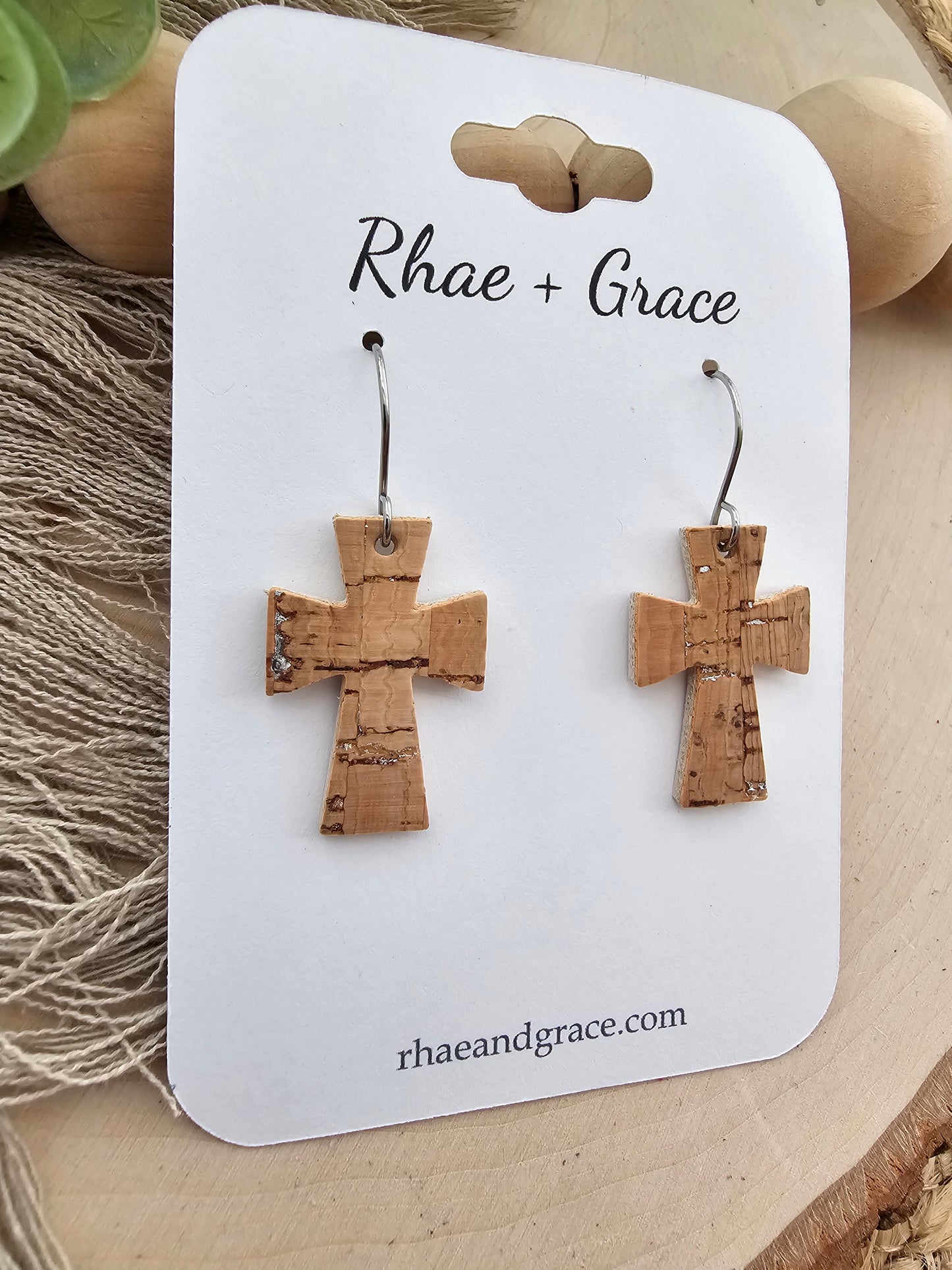 Natural Cork Cross Earrings - Small