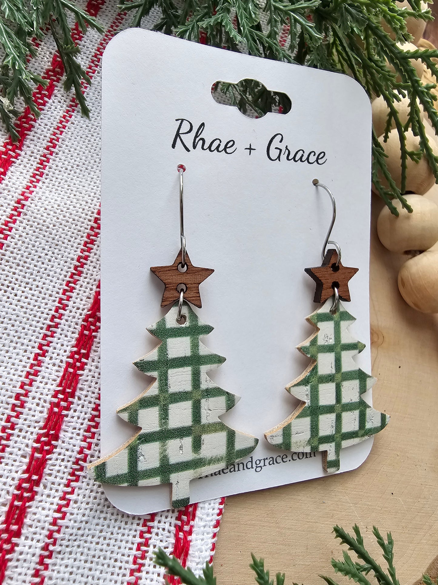 Green Farmhouse Plaid Christmas Tree Earrings