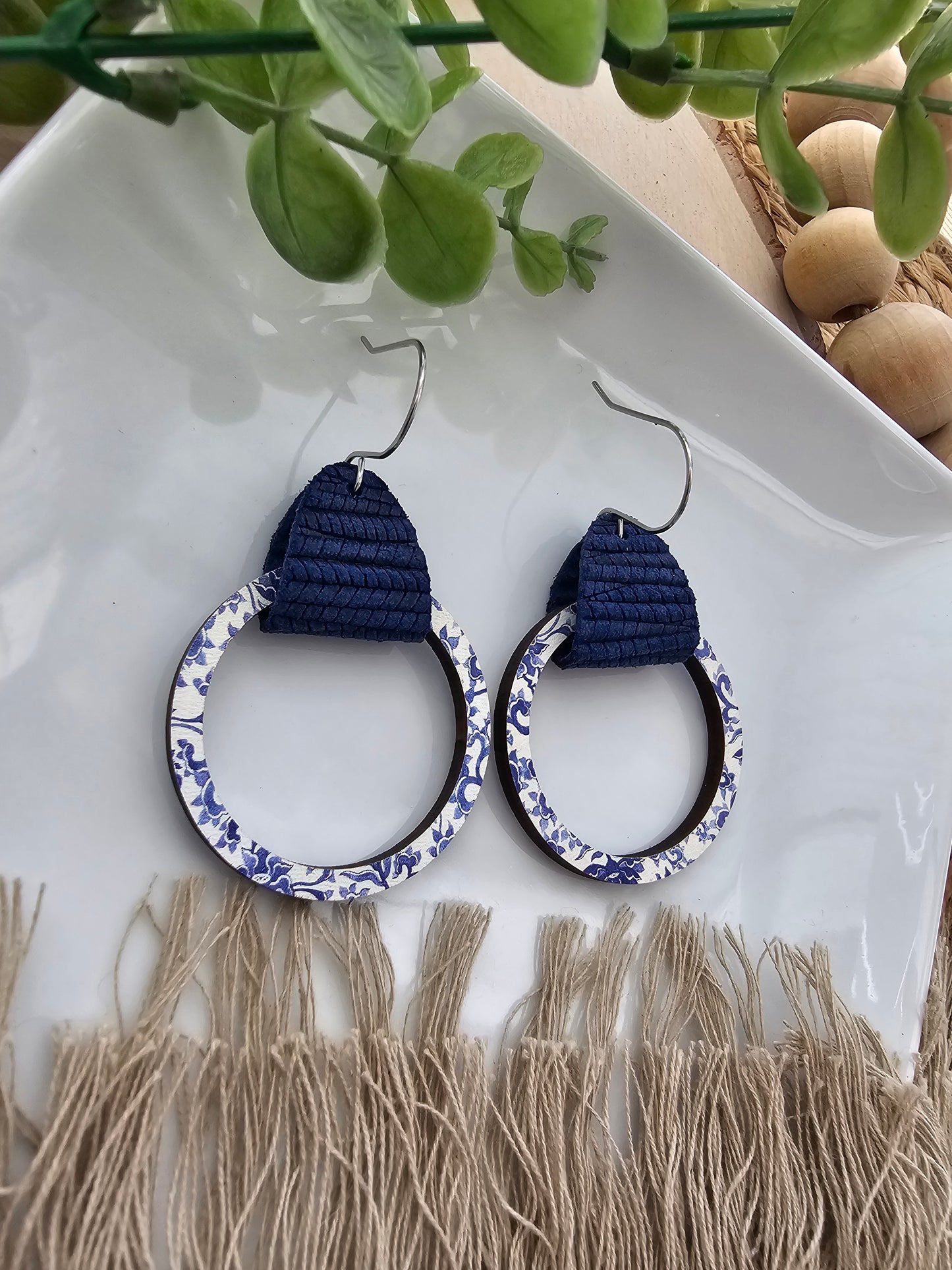 Blue & White China Leather & Wood Single Hoop Earrings