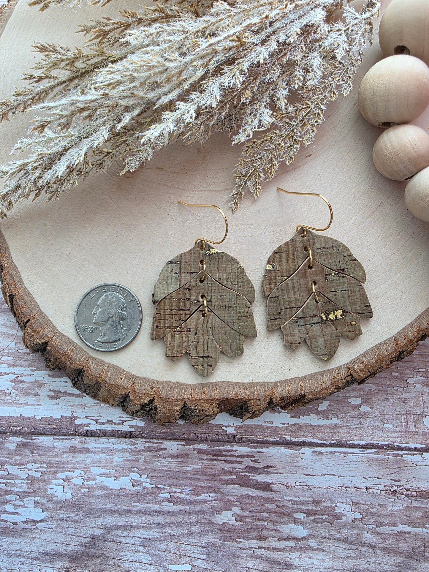 Olive Green & Gold Tiered Leaf Earrings