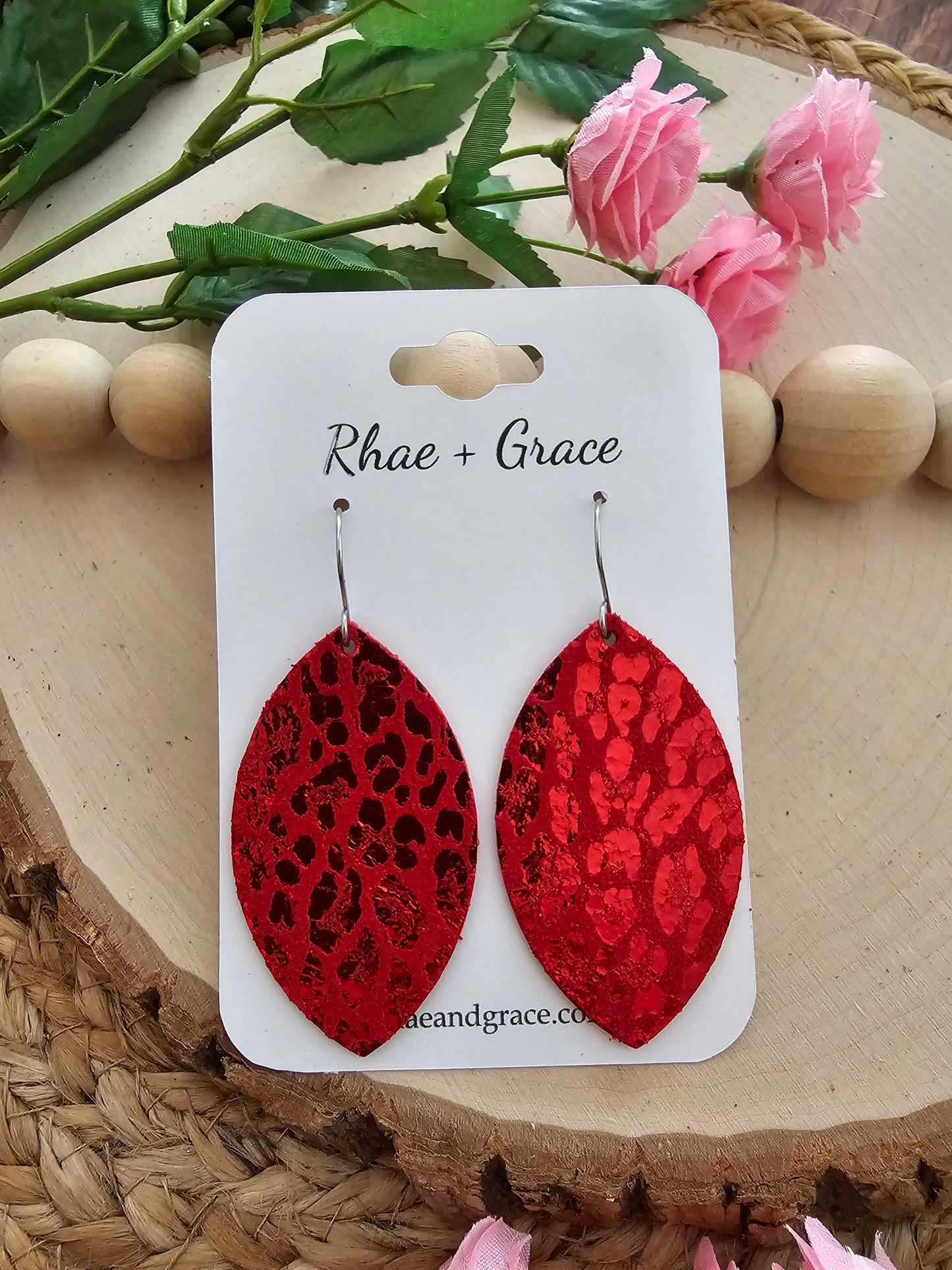 Red Leopard Print Shimmer Leaf Leather Earrings