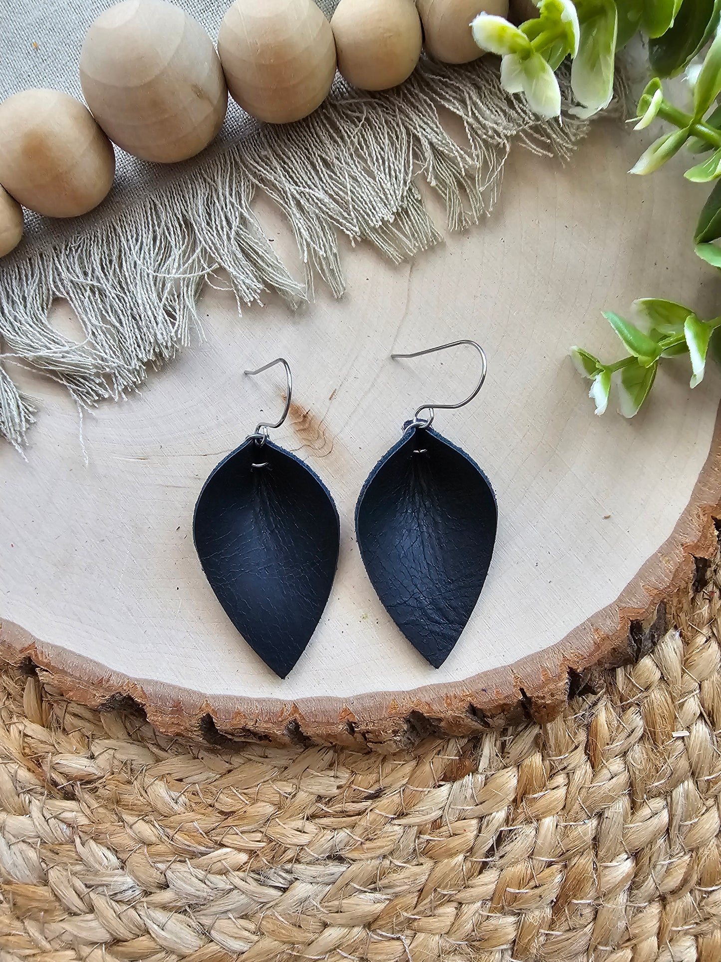 Distressed Matte Black Pinched Petal Earrings - Small (2")