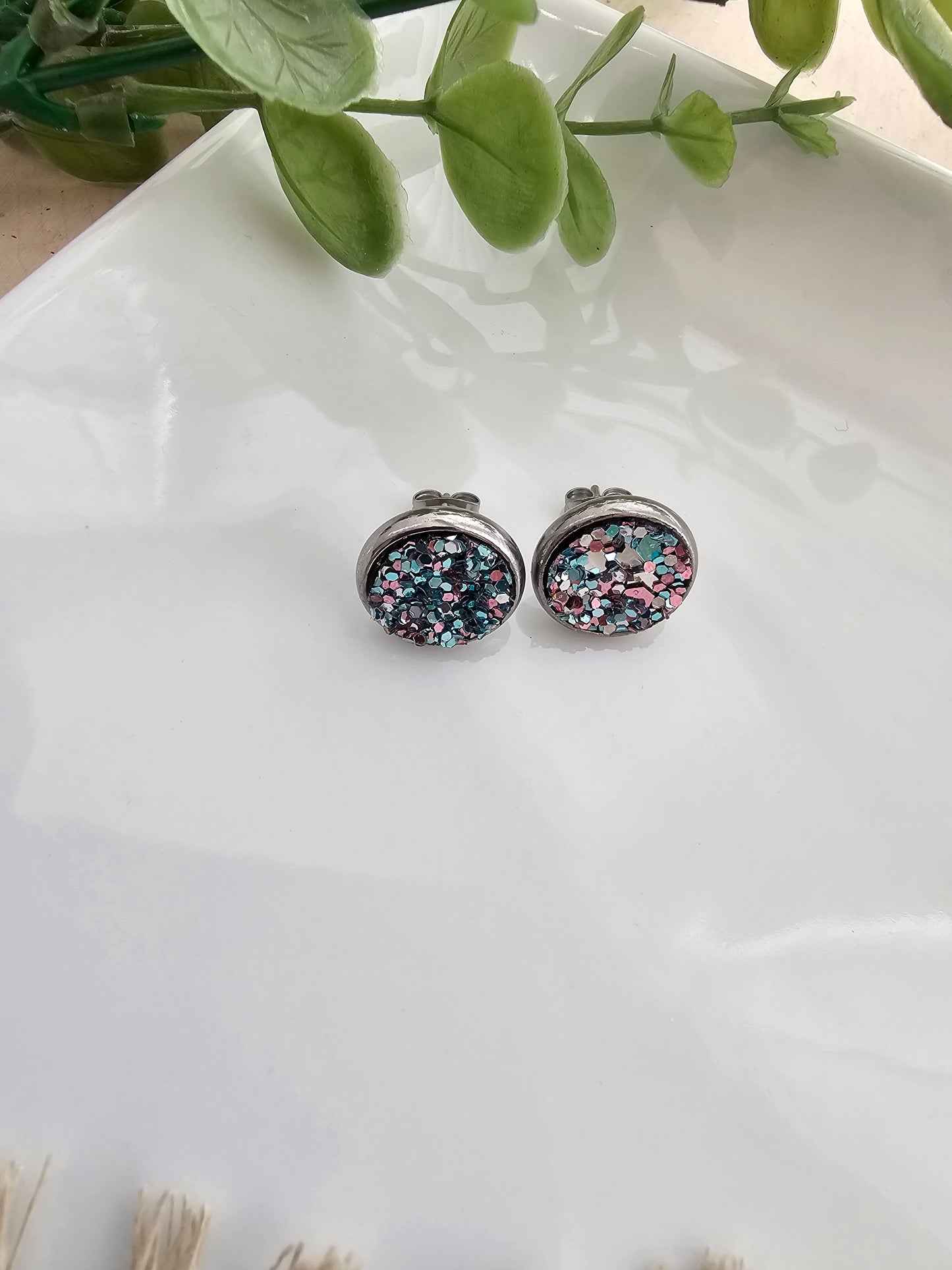 Blue & Mauve Glitter Stud Earrings - 12mm