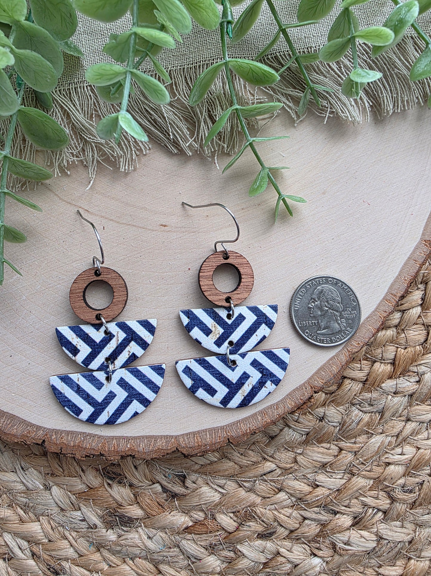 Blue & White Stacked Crescent Dangle Earrings