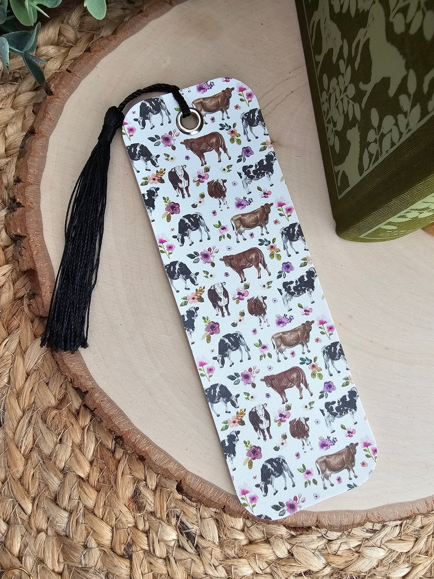 Floral Cow Faux Leather Bookmark