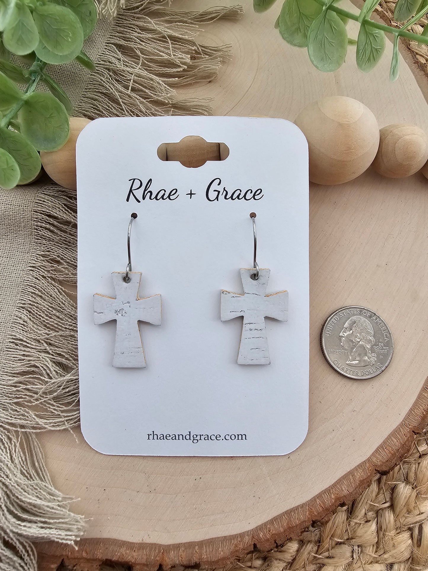 White Birch Cork Cross Earrings - Small