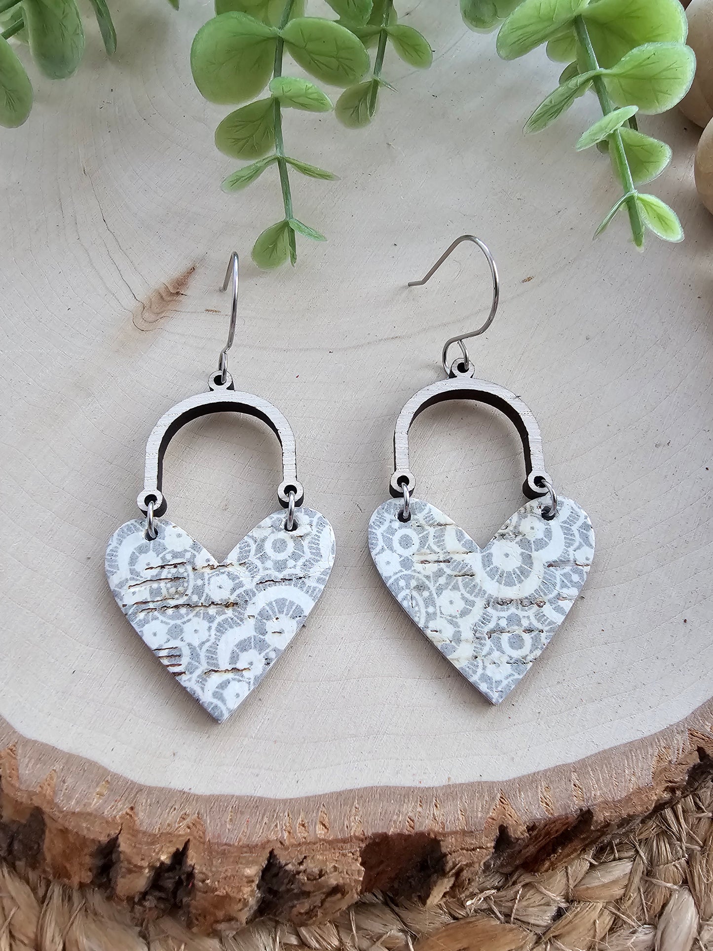 Gray & White Lace Doily Arched Heart Earrings