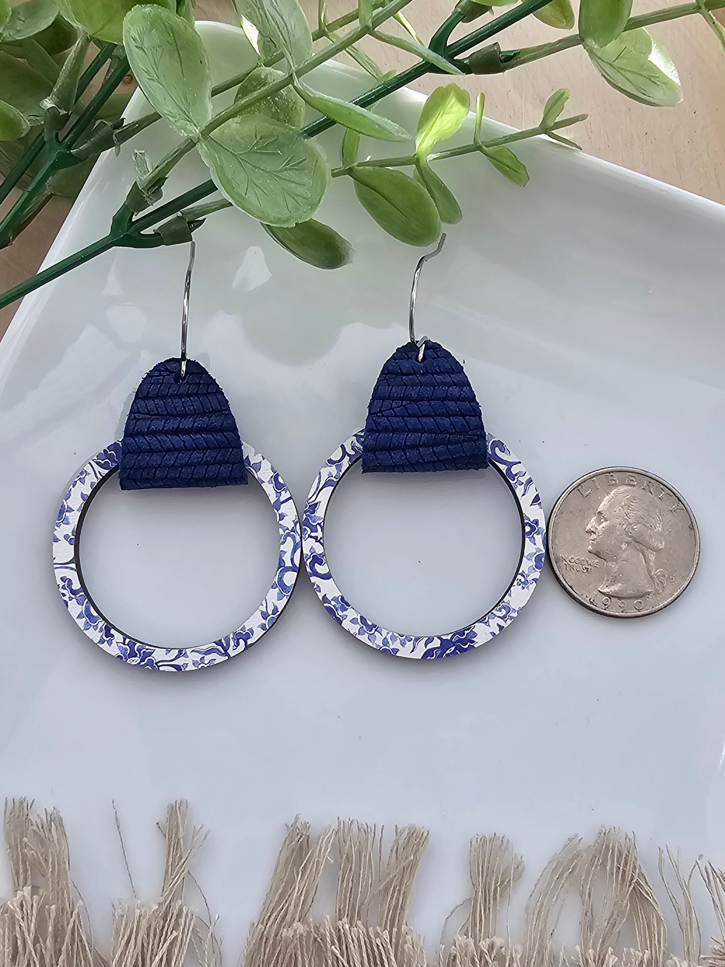 Blue & White China Leather & Wood Single Hoop Earrings