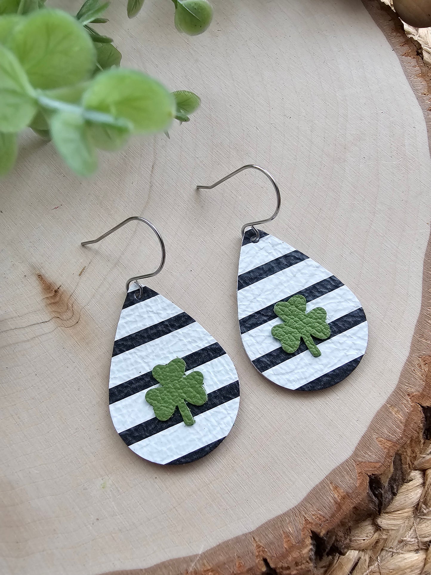 Black & White Striped Shamrock Teardrop Earrings