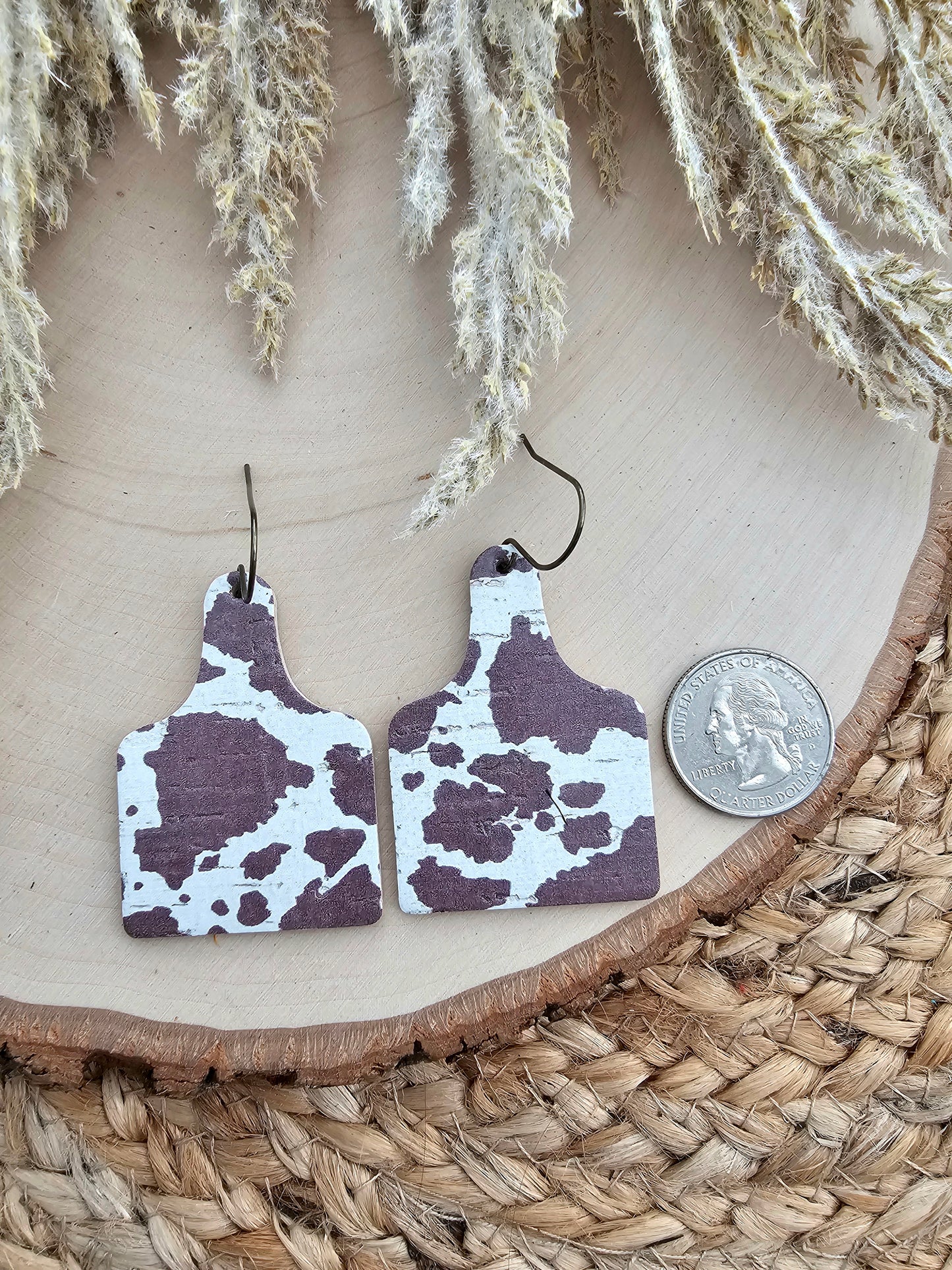 Brown & Cream Cow Print Cattle Tag Earrings