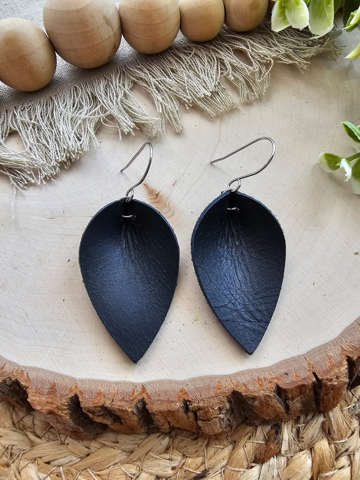 Distressed Matte Black Pinched Petal Earrings - Small (2")
