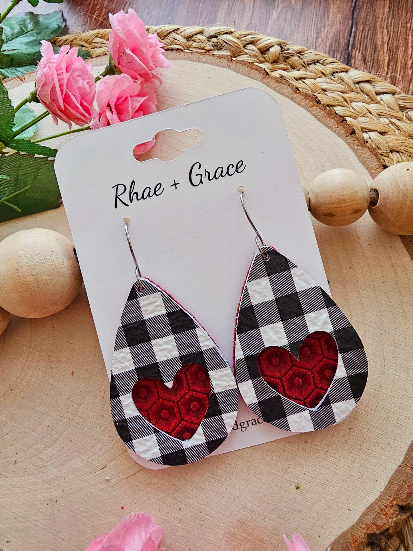 Layered Buffalo Plaid Heart Cutout Teardrop Earrings