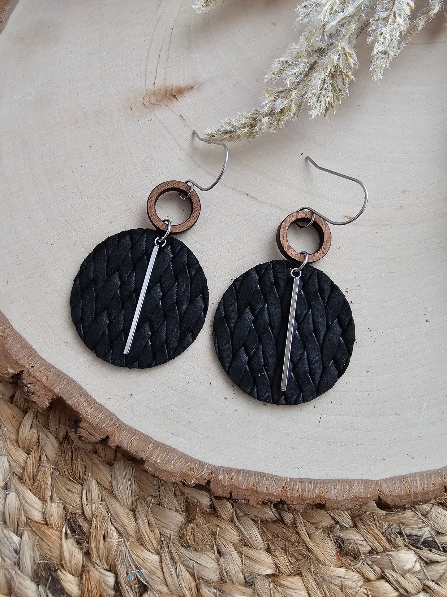Black Braided Circle Earrings - Silver or Gold