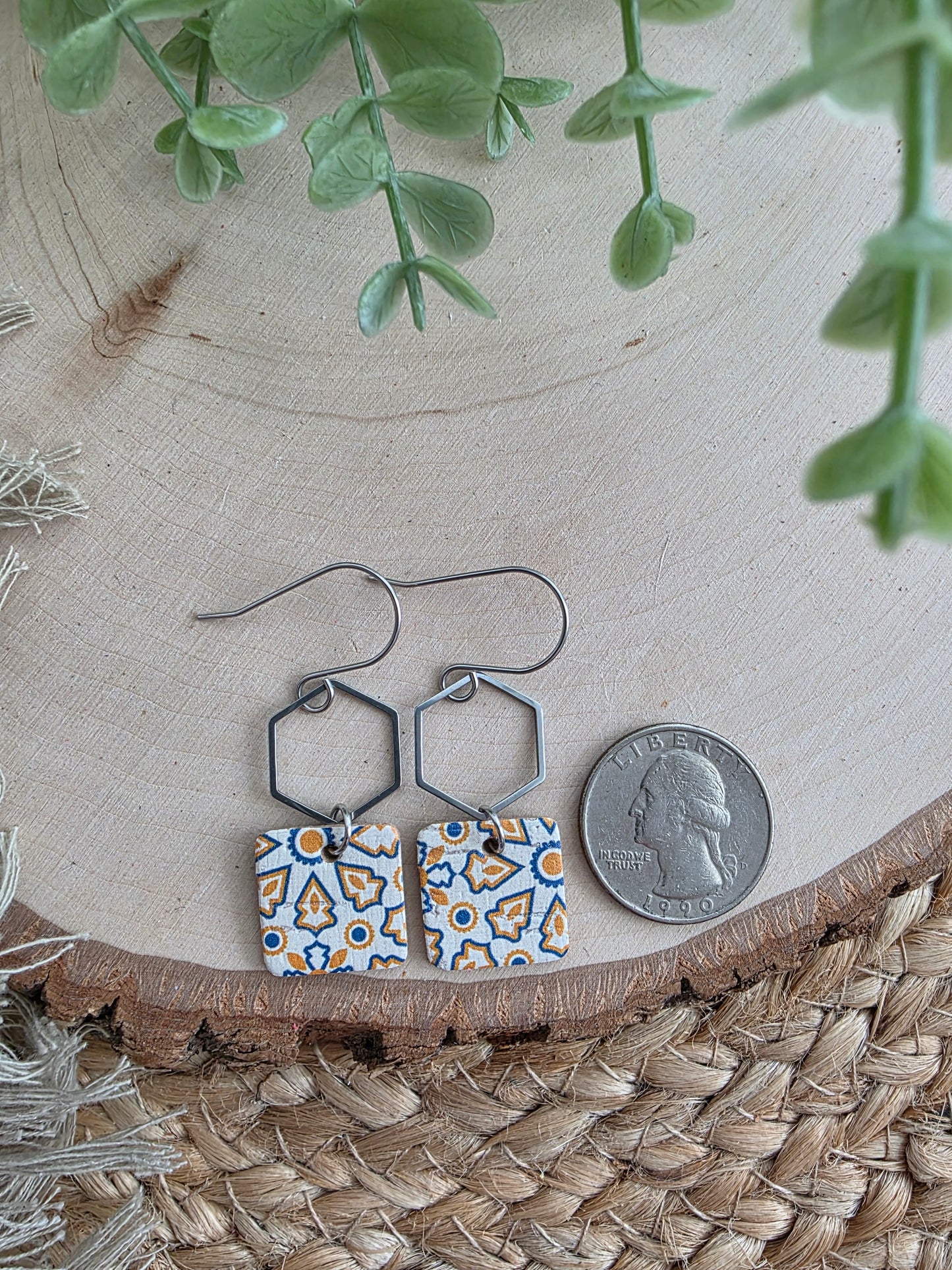 Blue & Yellow Moroccan Tile Dainty Square Earrings