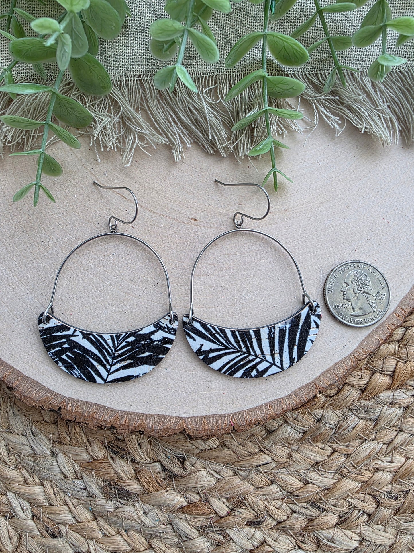 Monochrome Palms Crescent Hoop Leather Earrings
