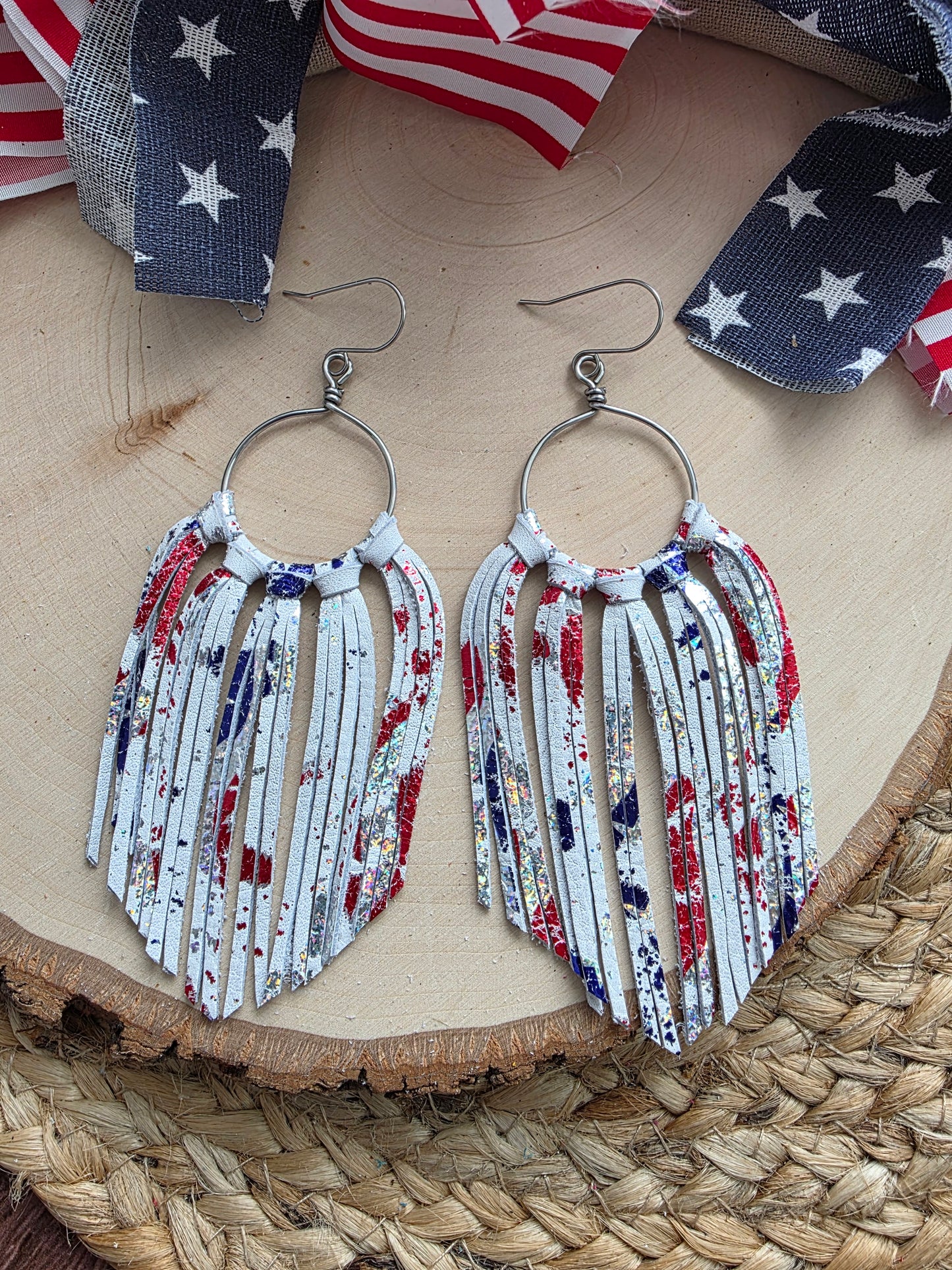 Patriotic Metallic Splatter Leather Fringe Statement Earrings