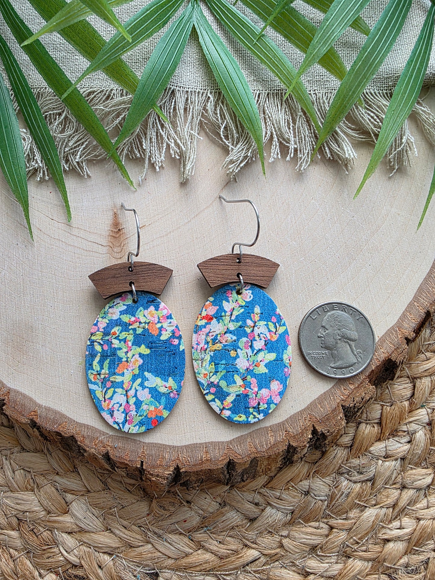 Blue Summer Floral Oval Earrings