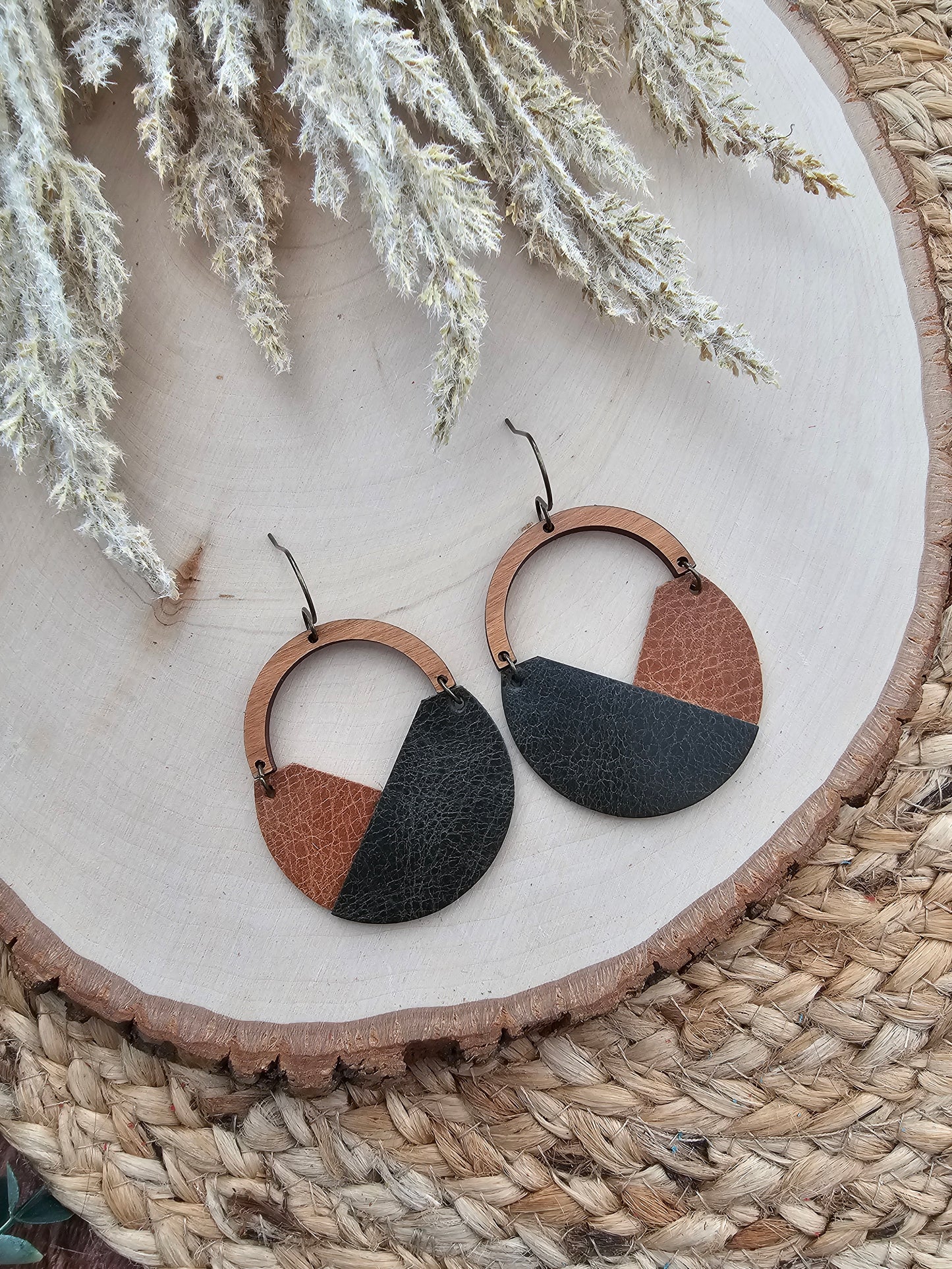 Saddle Brown & Dark Green Arched Earrings