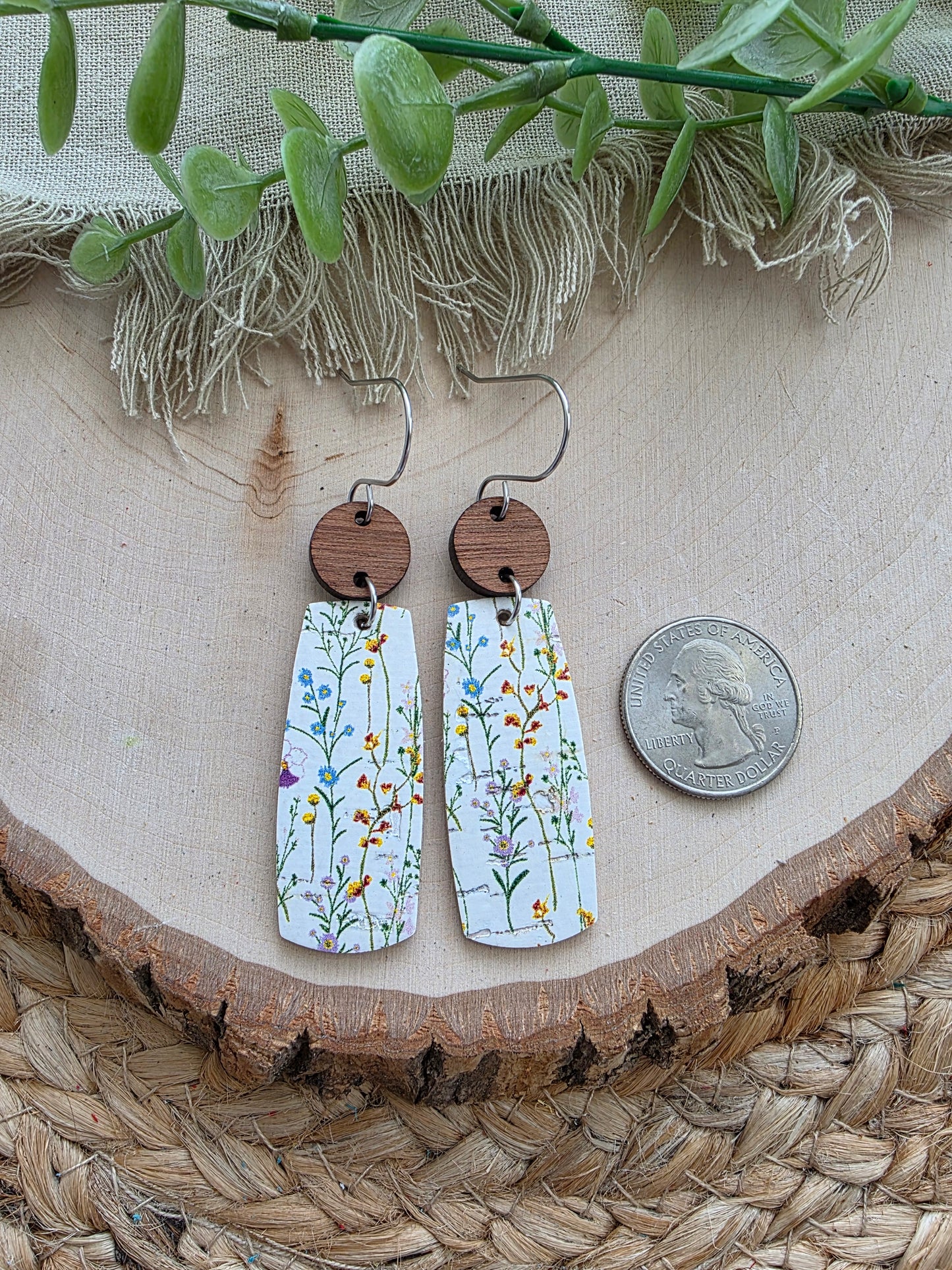 Delicate Wildflower Floral Bar Leather Earrings