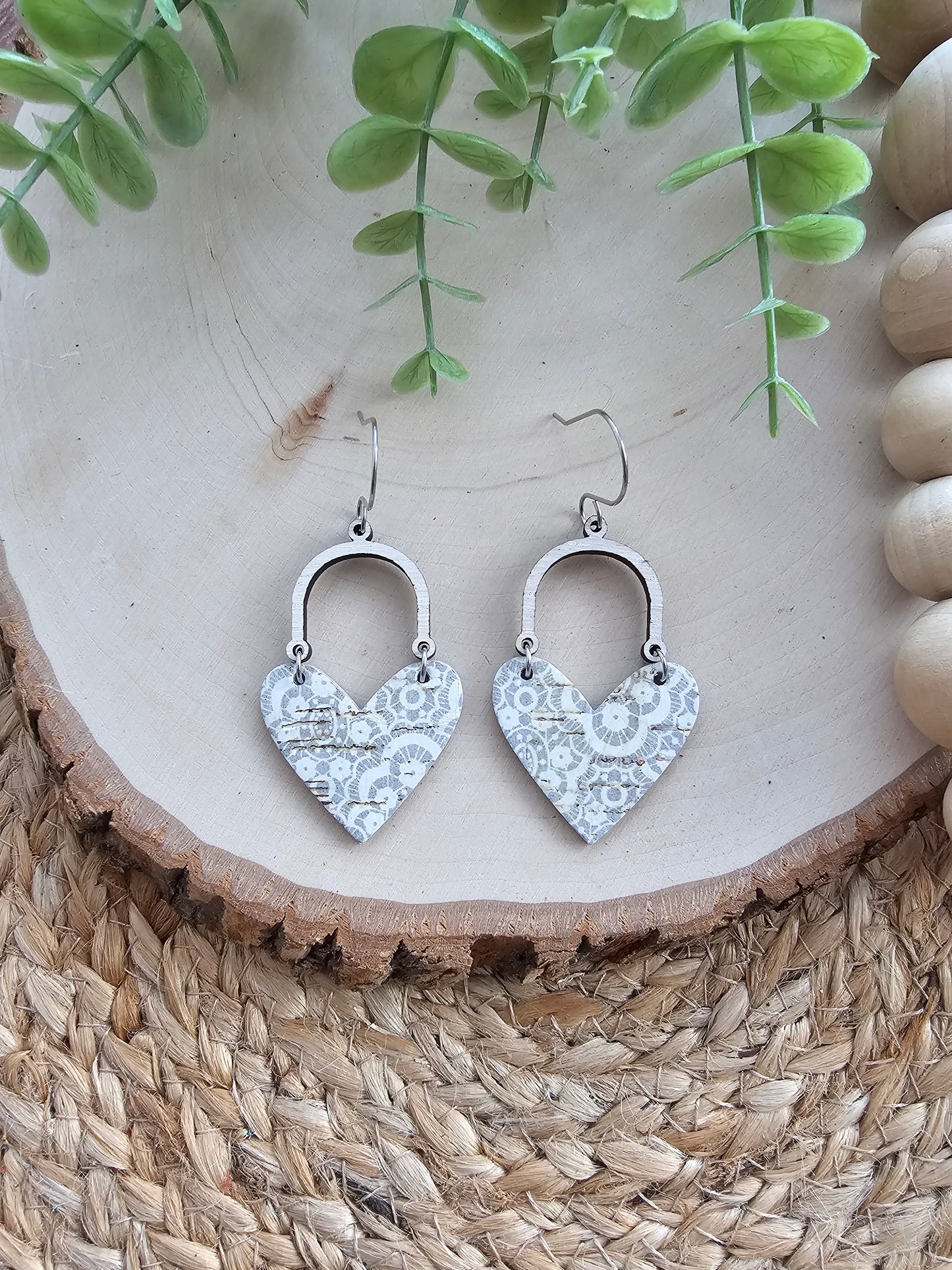 Gray & White Lace Doily Arched Heart Earrings