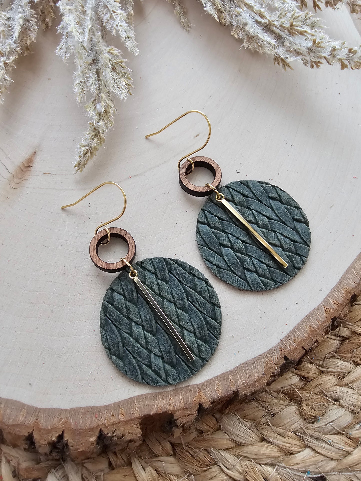 Dark Olive Braided Circle Earrings - Silver or Gold