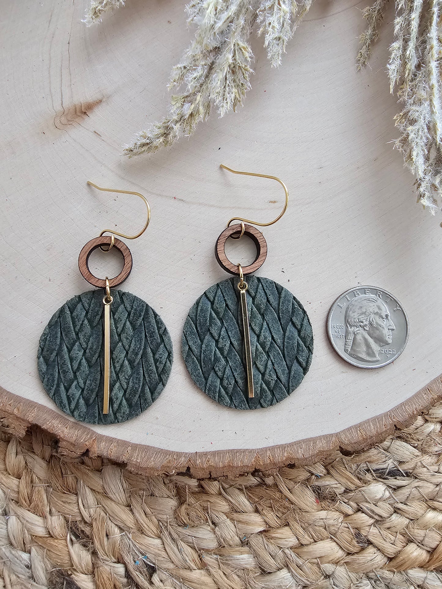 Dark Olive Braided Circle Earrings - Silver or Gold