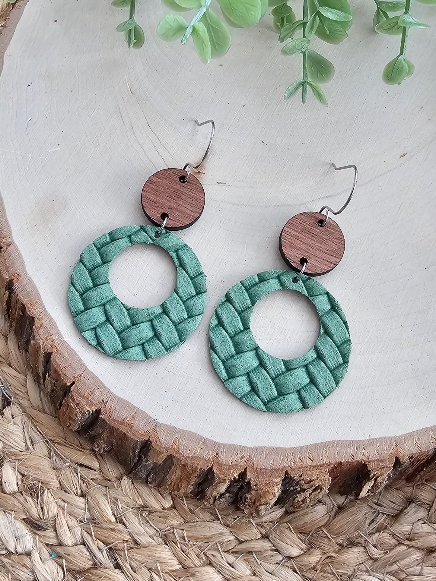 Spring Green Embossed Braid Circle Cutout Earrings