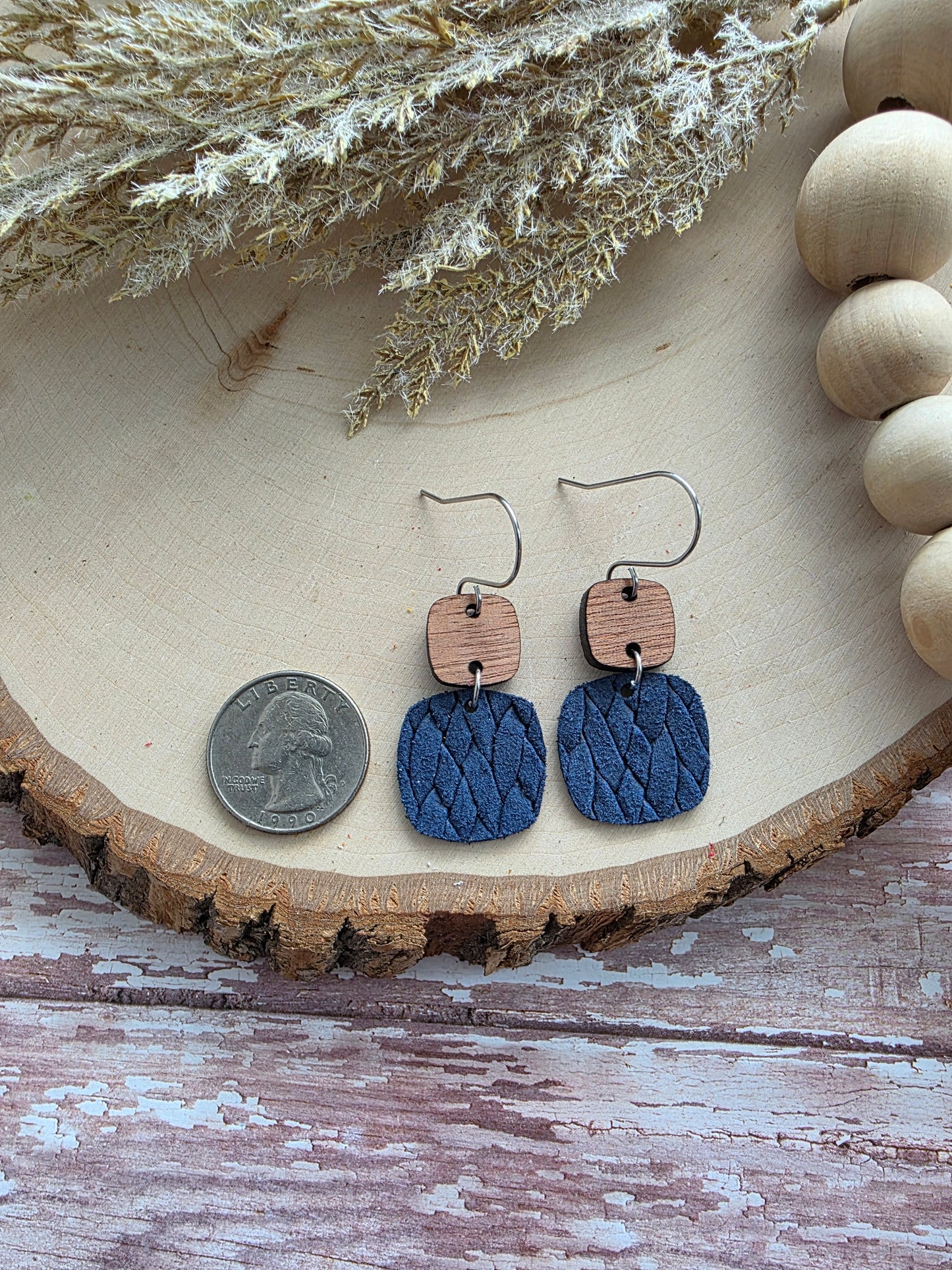Navy Blue Braid Embossed Rounded Square Earrings