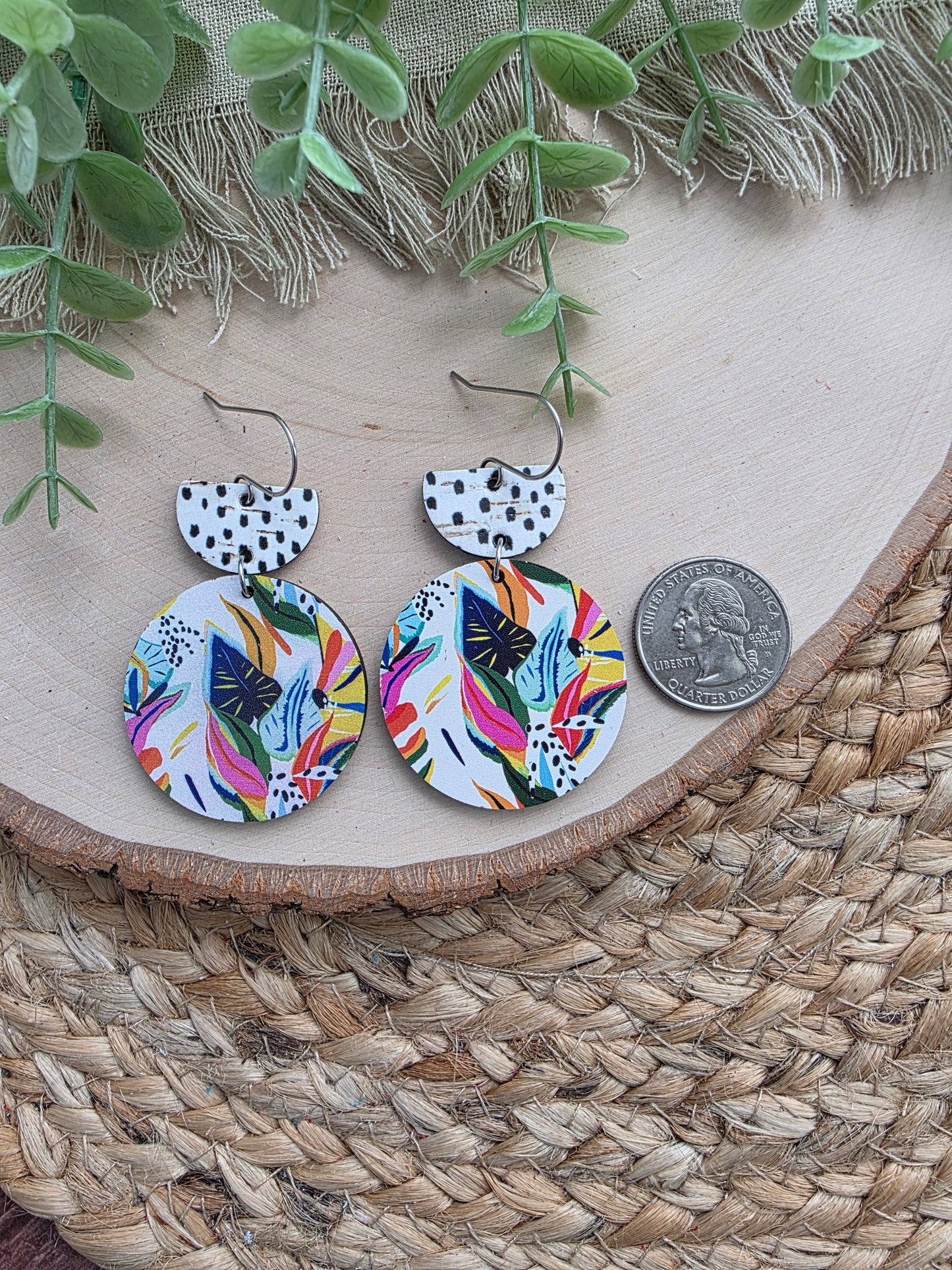 Colorful Tropical Floral Circle Earrings - Black & White Spotted