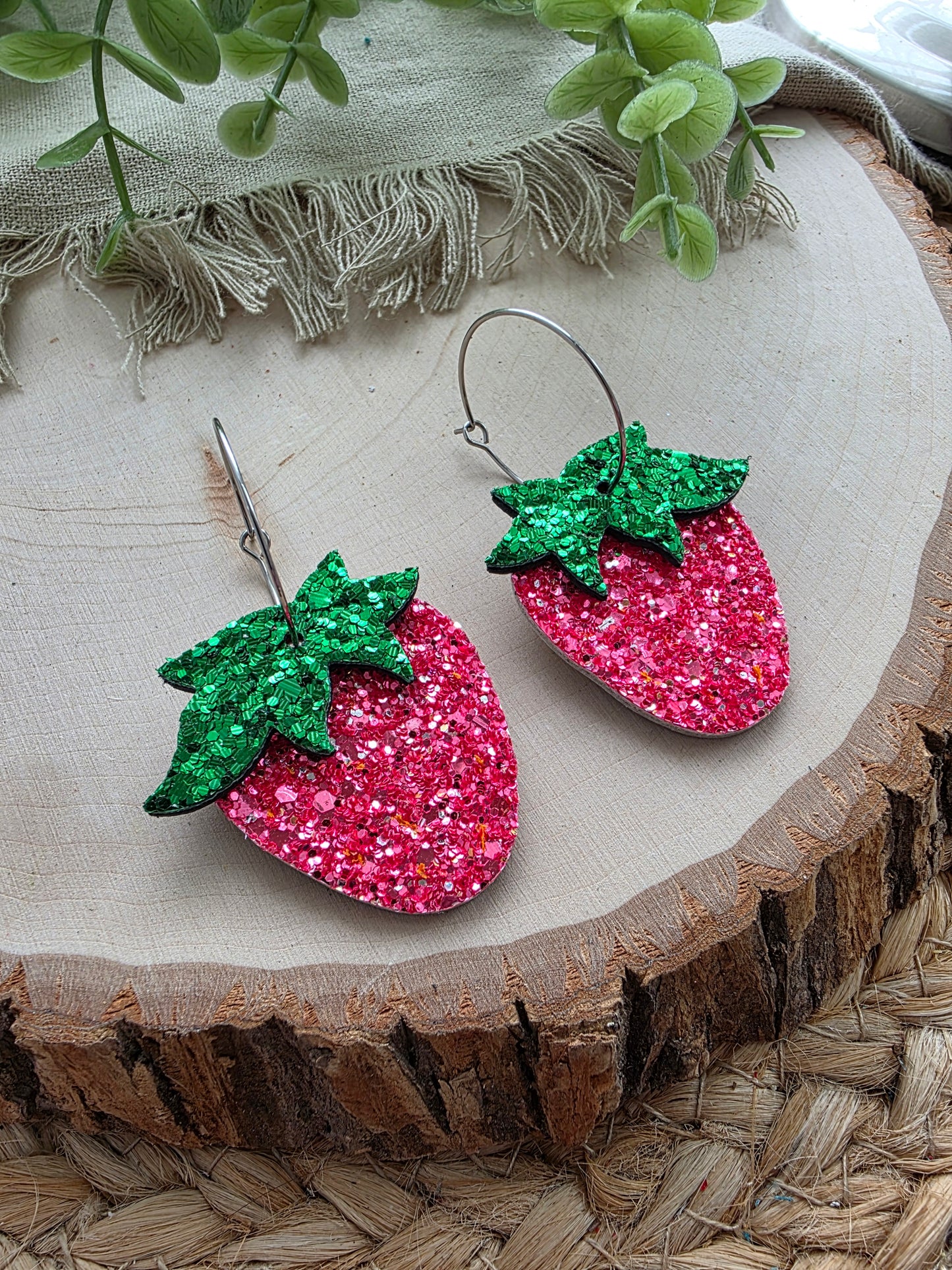 Glitter Strawberry Hoop Earrings