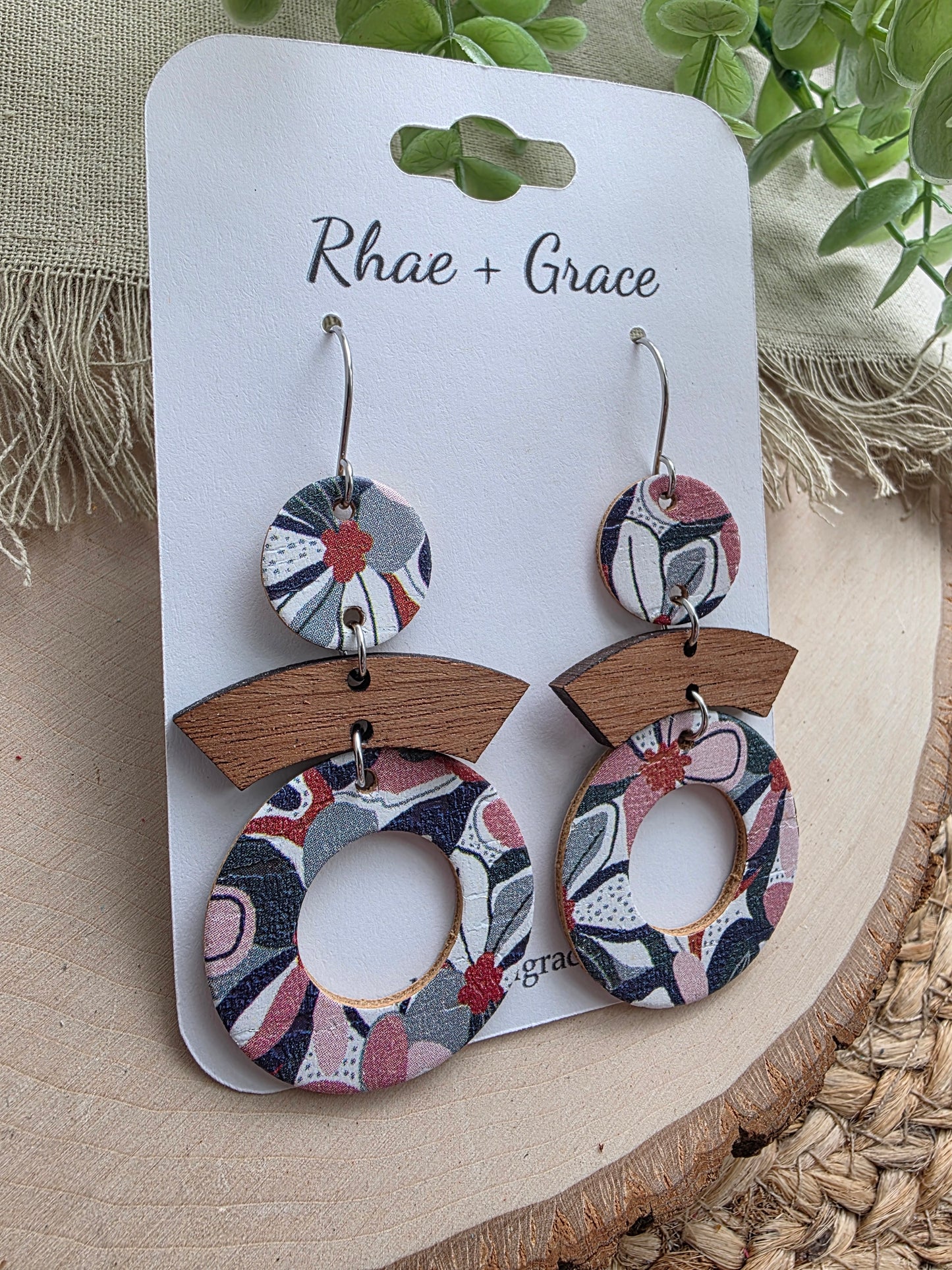 Retro Green & Pink Floral Round Cutout Earrings
