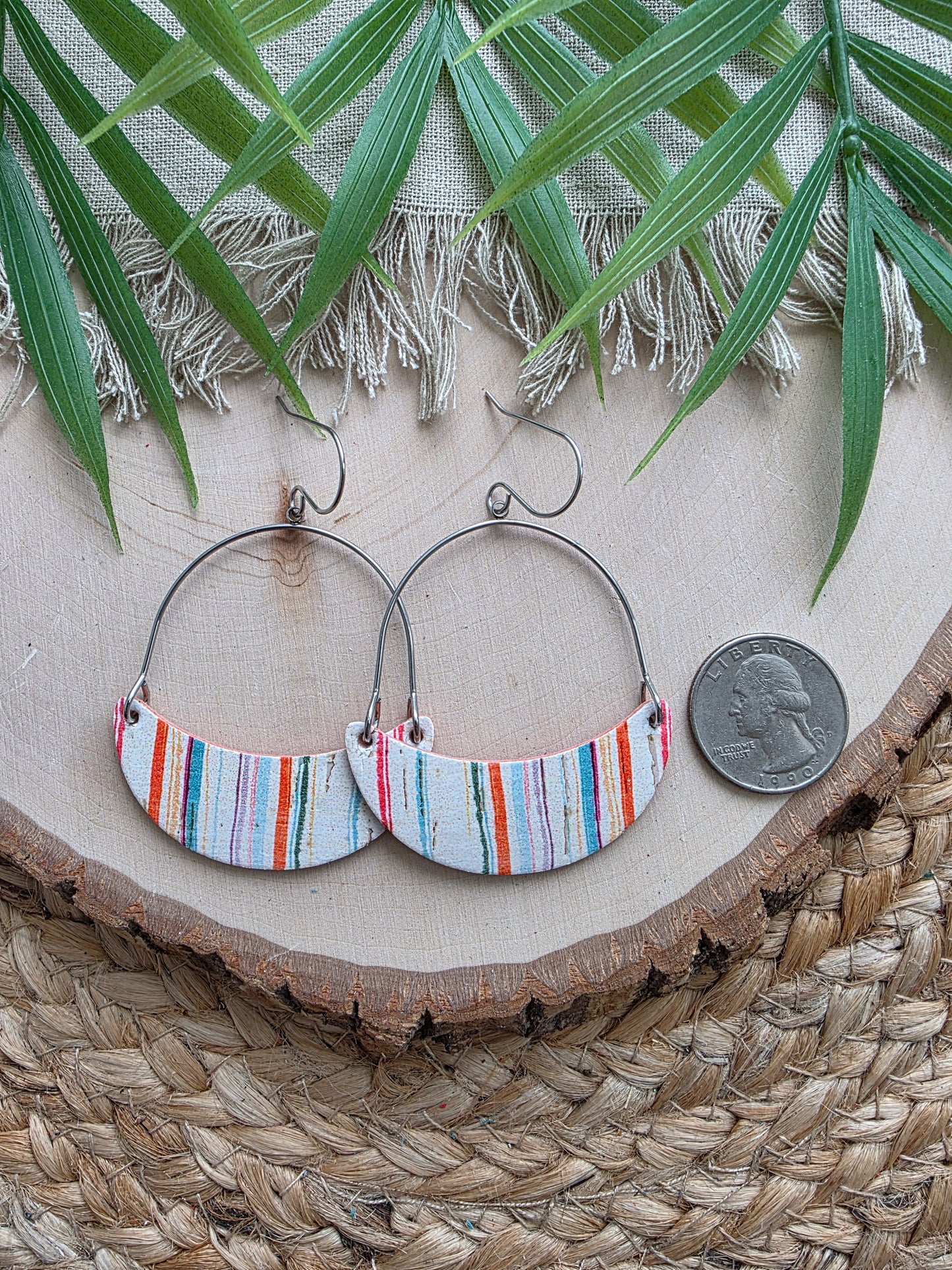 Summer Stripes Crescent Hoop Leather Earrings