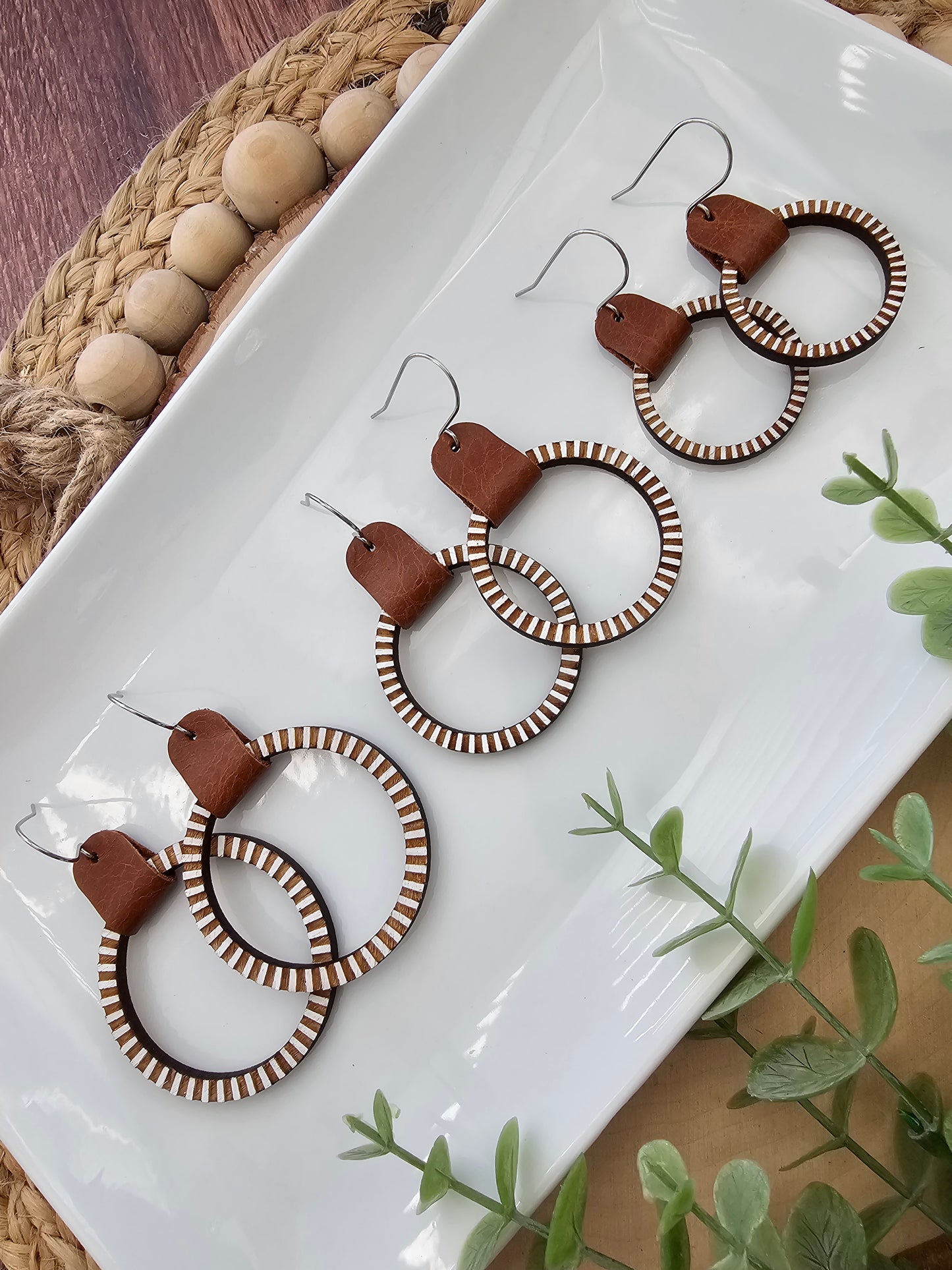Engraved Striped Wood & Leather Hoop Earrings - 3 Sizes