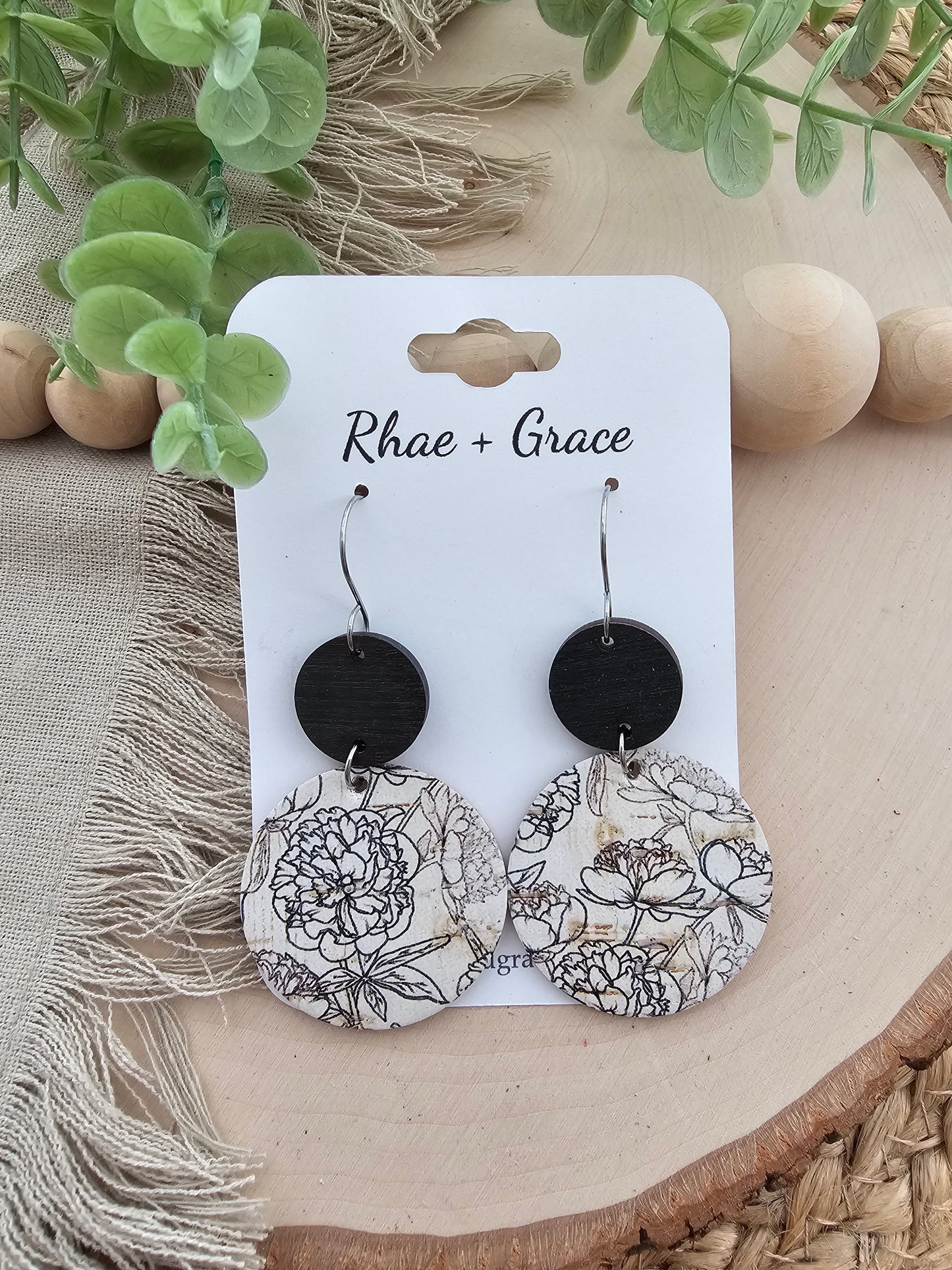 Black & White Sketched Ink Floral Circle Earrings