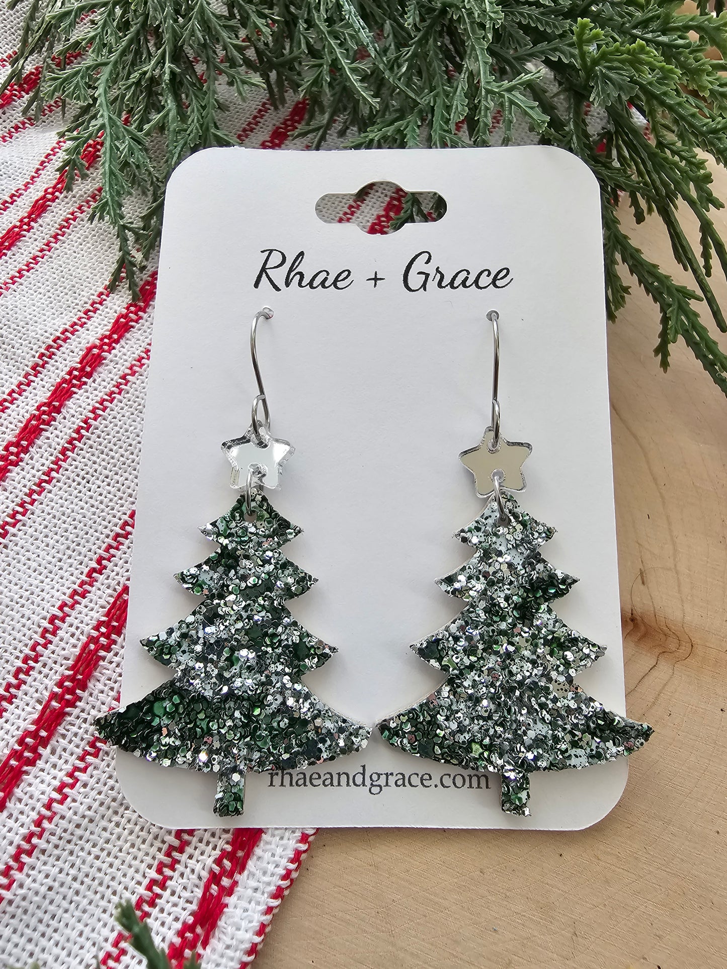 Green & Silver Glitter Christmas Tree Earrings