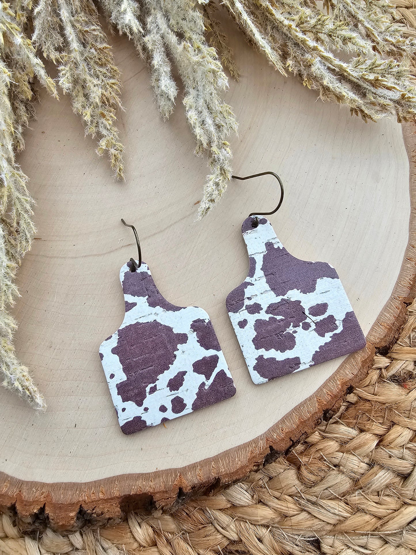 Brown & Cream Cow Print Cattle Tag Earrings