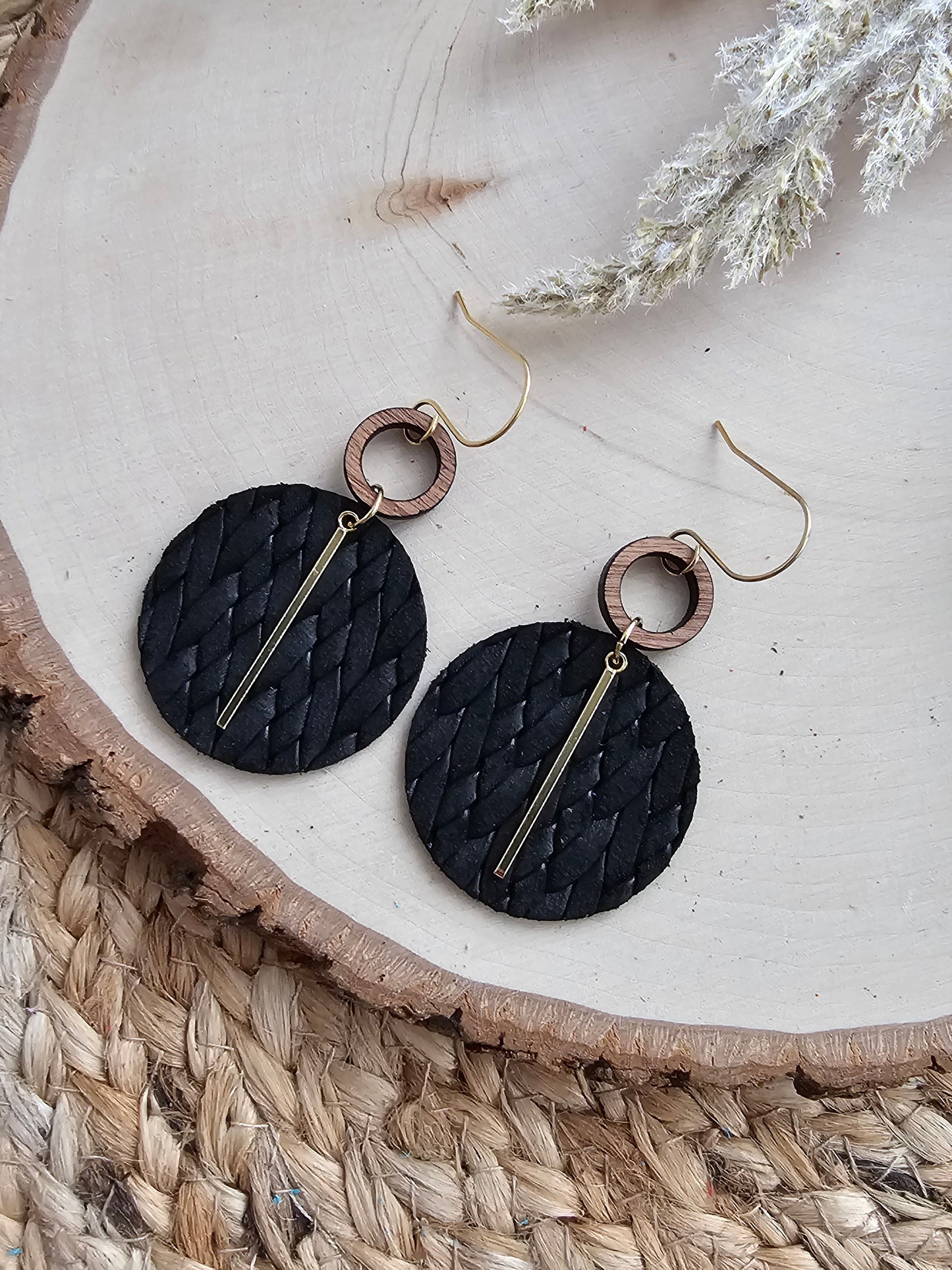 Black Braided Circle Earrings - Silver or Gold