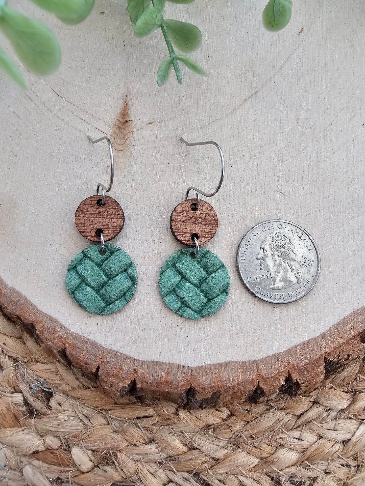 Spring Green Embossed Braid Dainty Circle Earrings
