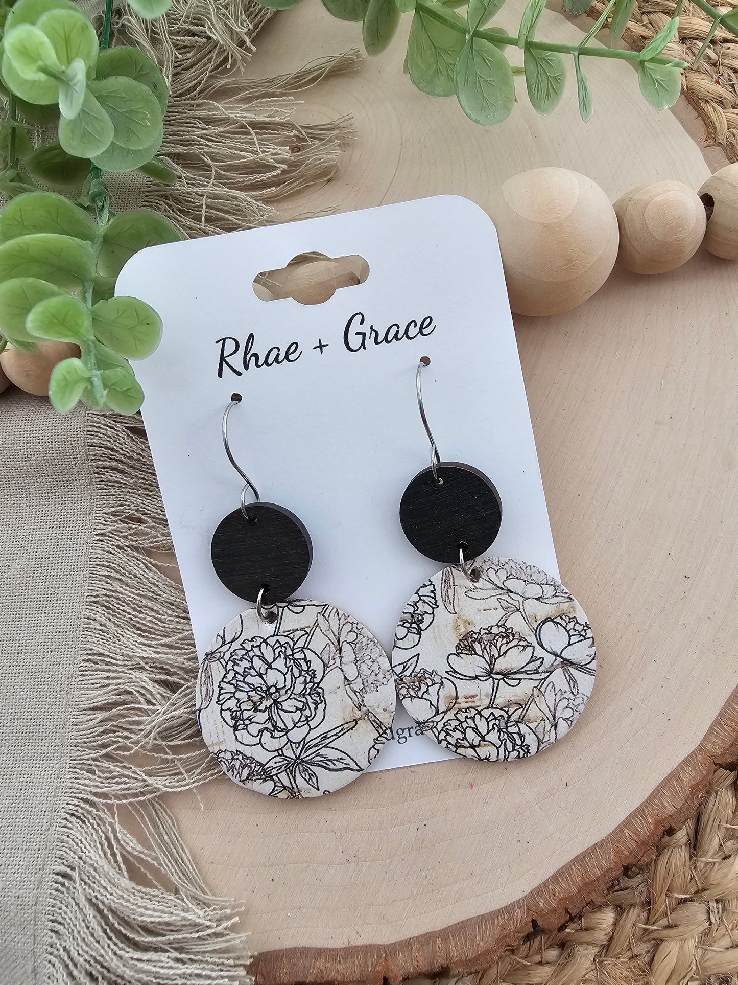 Black & White Sketched Ink Floral Circle Earrings